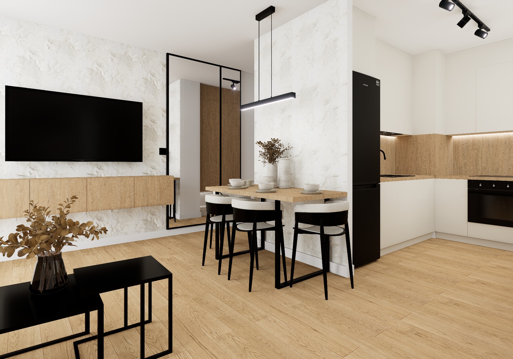 Nowoczesne wnętrze: salon z aneksem kuchennym, białe ściany z fakturą, drewniana podłoga, czarne meble i oświetlenie, minimalistyczny design.