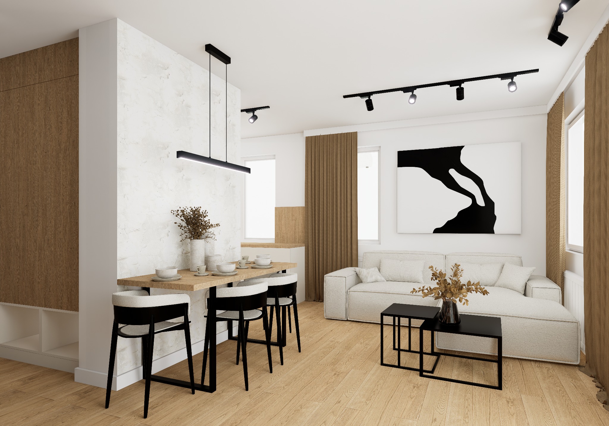 Jasne wnętrze mieszkania z drewnianą podłogą, białym narożnikiem i stołem jadalnym z czarnymi krzesłami, oświetlone reflektorami na szynoprzewodzie.