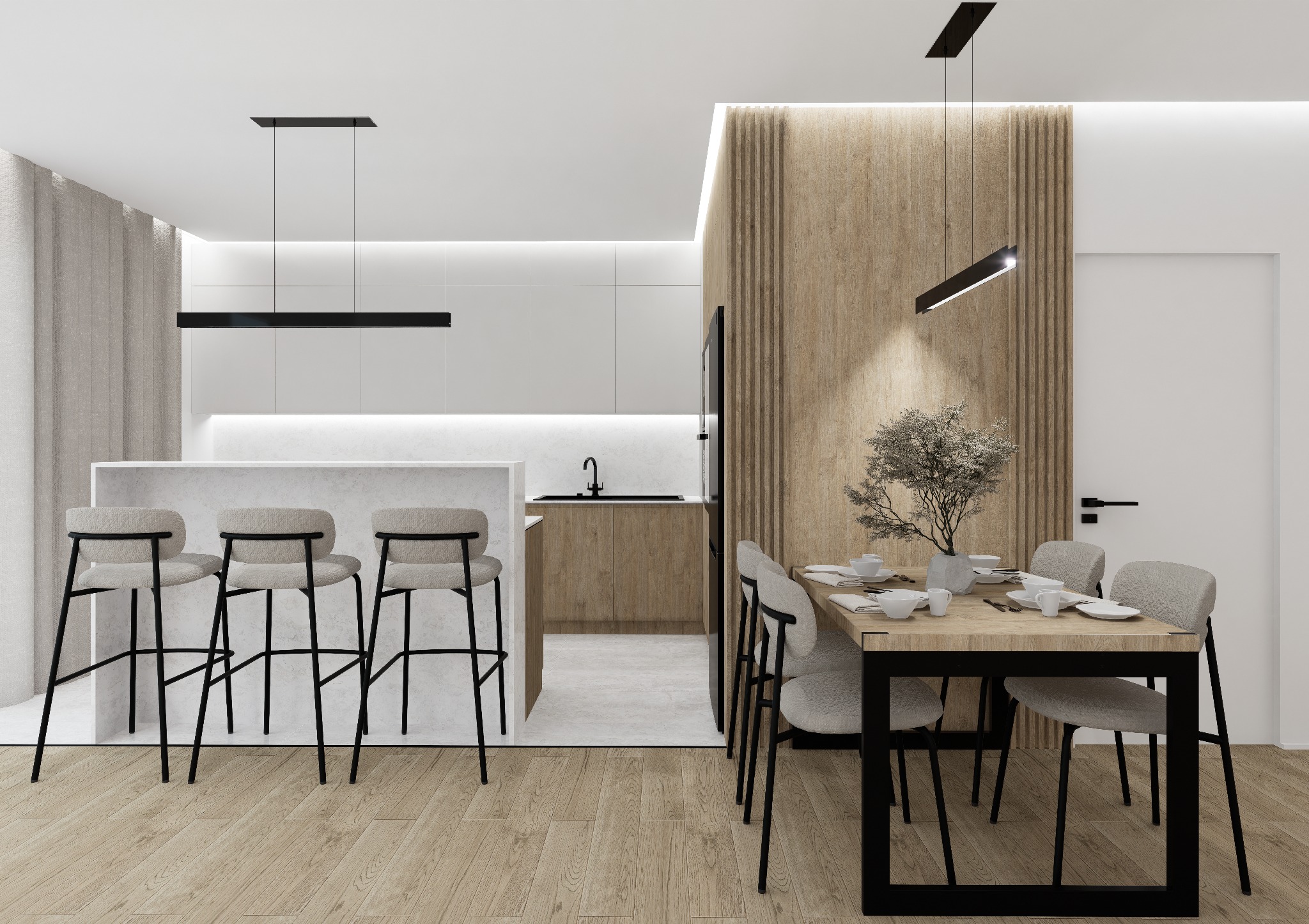 Nowoczesna jadalnia z barem śniadaniowym, drewnianą ścianą i minimalistycznym oświetleniem.