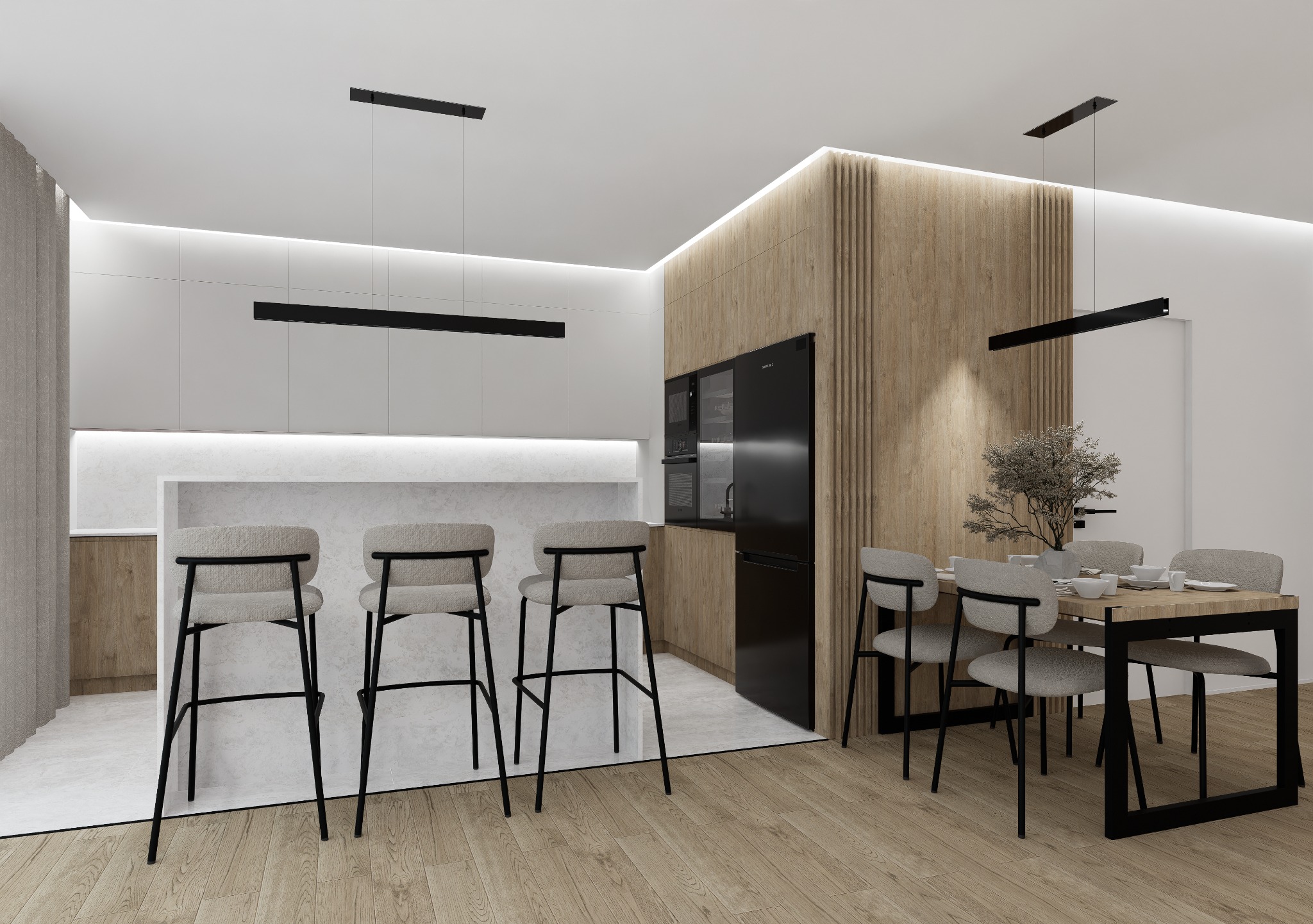 Nowoczesna kuchnia z wyspą i stołem jadalnym, minimalistyczne oświetlenie, drewniane wykończenia i czarny sprzęt AGD.