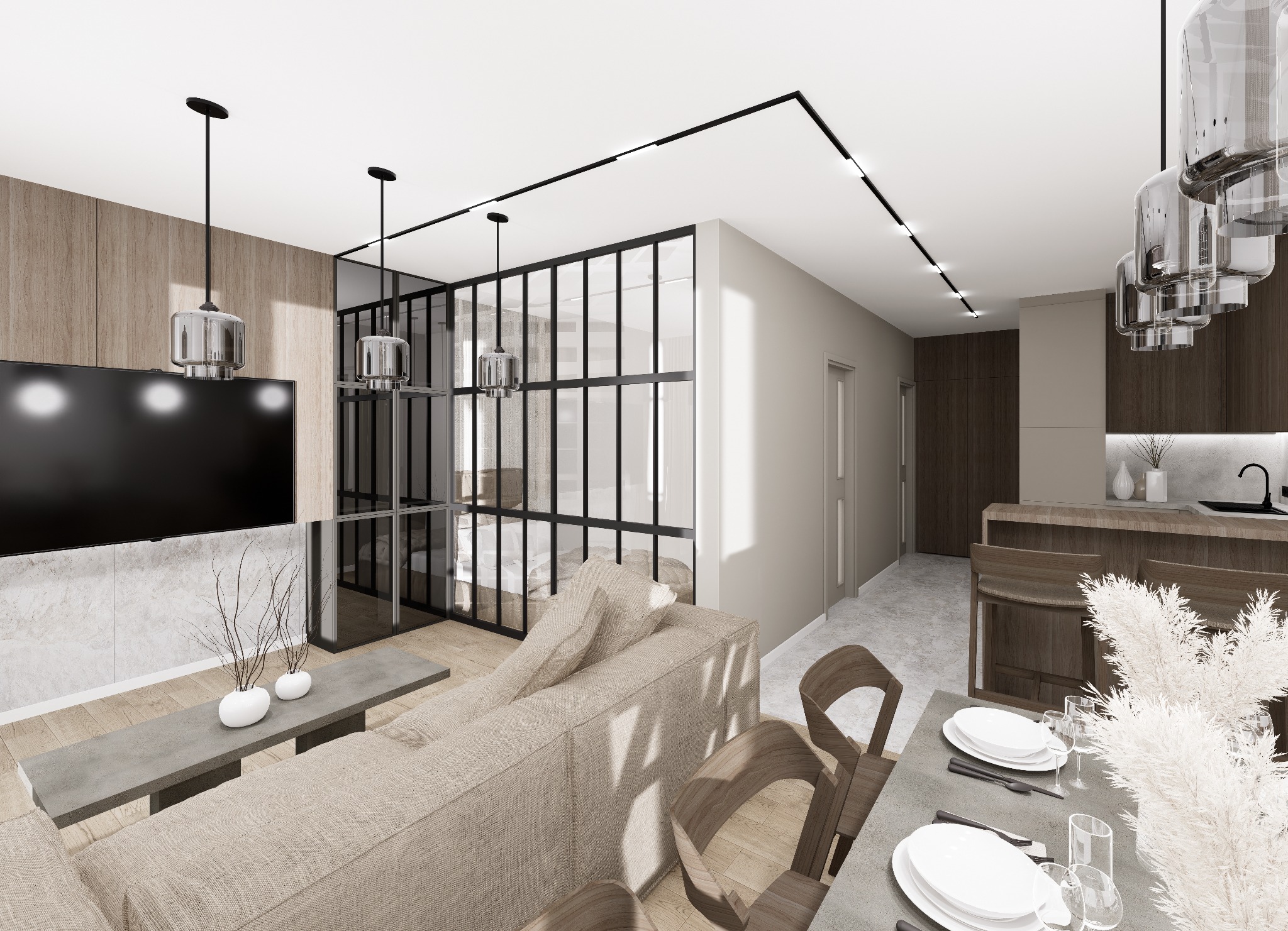 Wizualizacja salonu z kuchnią, oddzielonych szklaną ścianą z czarnymi profilami, beżowa sofa, betonowy stolik kawowy z dekoracyjnymi wazonami, drewniane krzesła przy szarym stole, nowoczesne lampy...