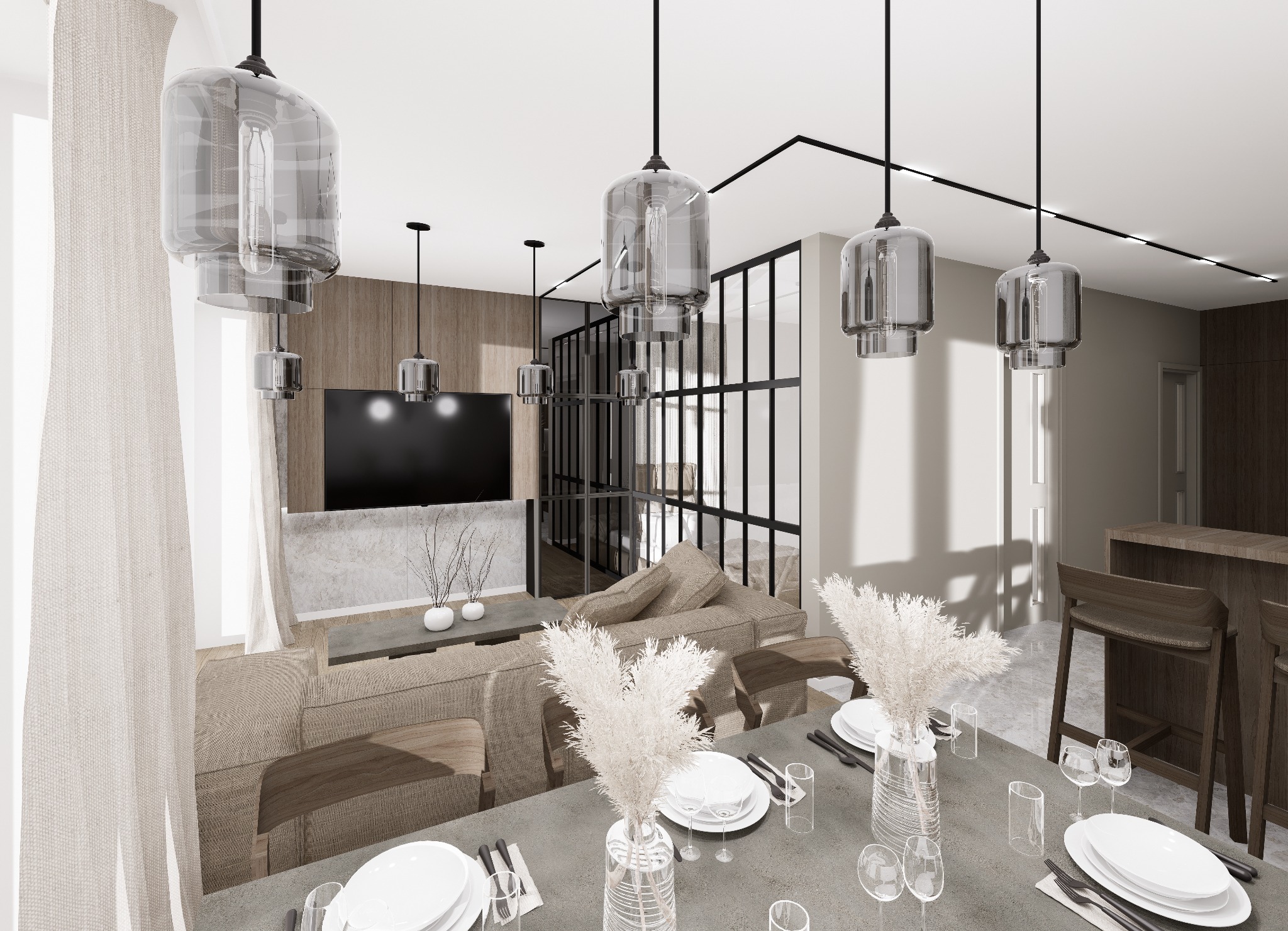 Nowoczesne wnętrze: jadalnia z betonowym stołem, nakryta białymi talerzami i szklanymi wazonami z suszonymi trawami, oraz salon z beżową sofą, oddzielone ścianką ze szprosami; wiszące szklane lampy