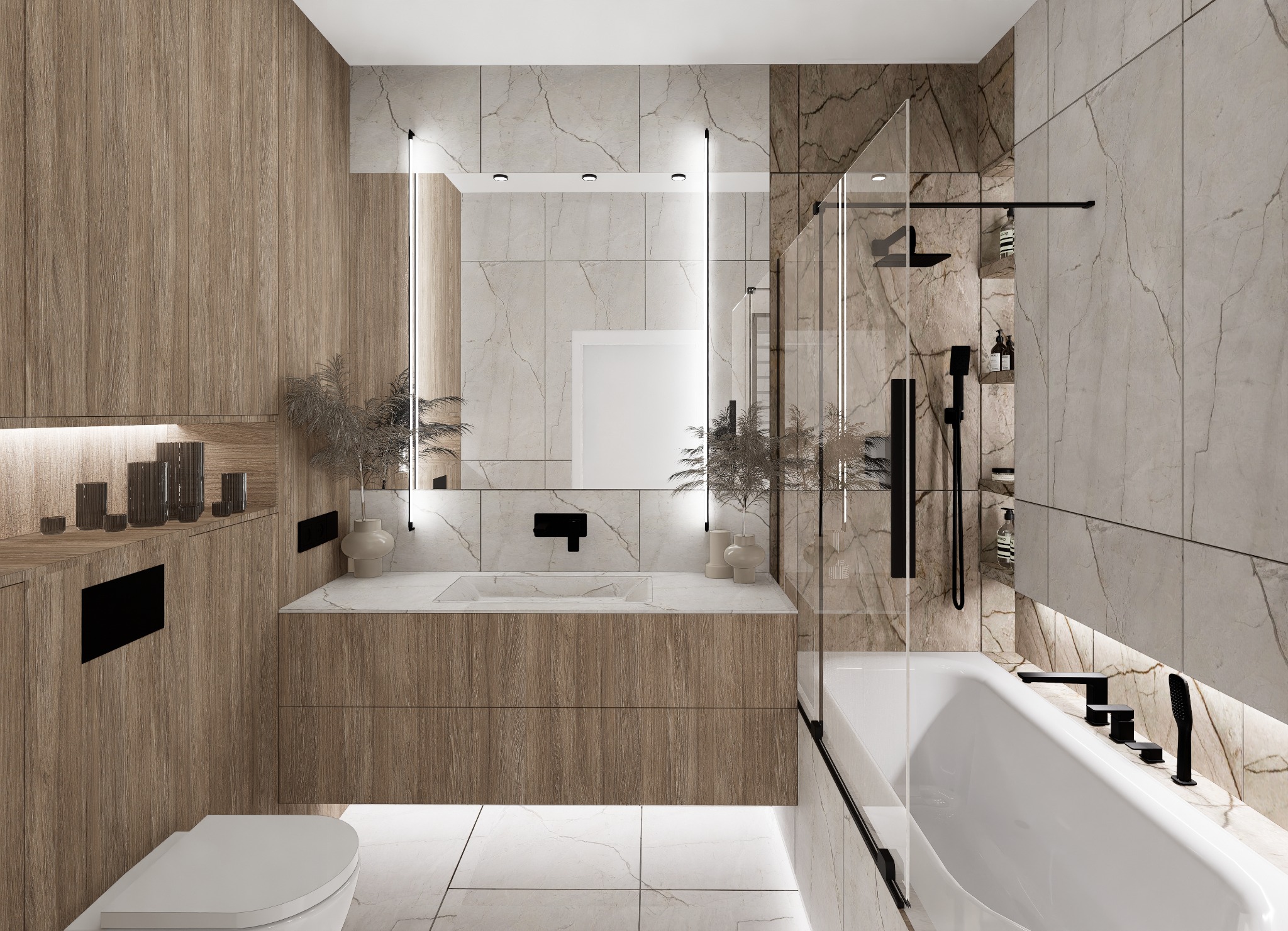 Nowoczesna łazienka z drewnianymi akcentami, marmurowymi płytkami, minimalistyczną umywalką i czarną armaturą.