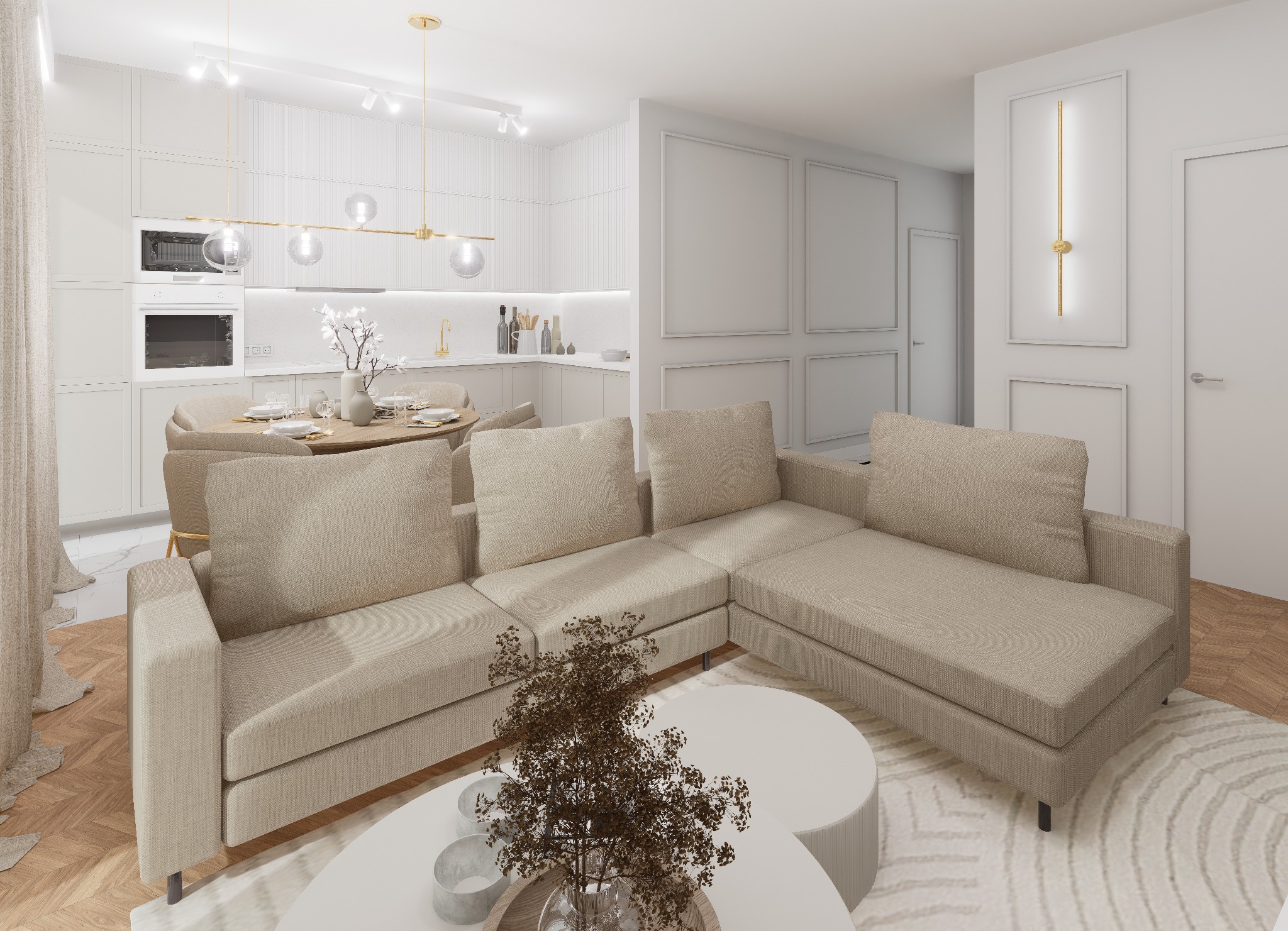 Jasne, przestronne wnętrze salonu z aneksem kuchennym w minimalistycznym stylu, beżowa sofa narożna, okrągły stolik kawowy z dekoracją, okrągły stół jadalny z krzesłami, biała zabudowa kuchenna...