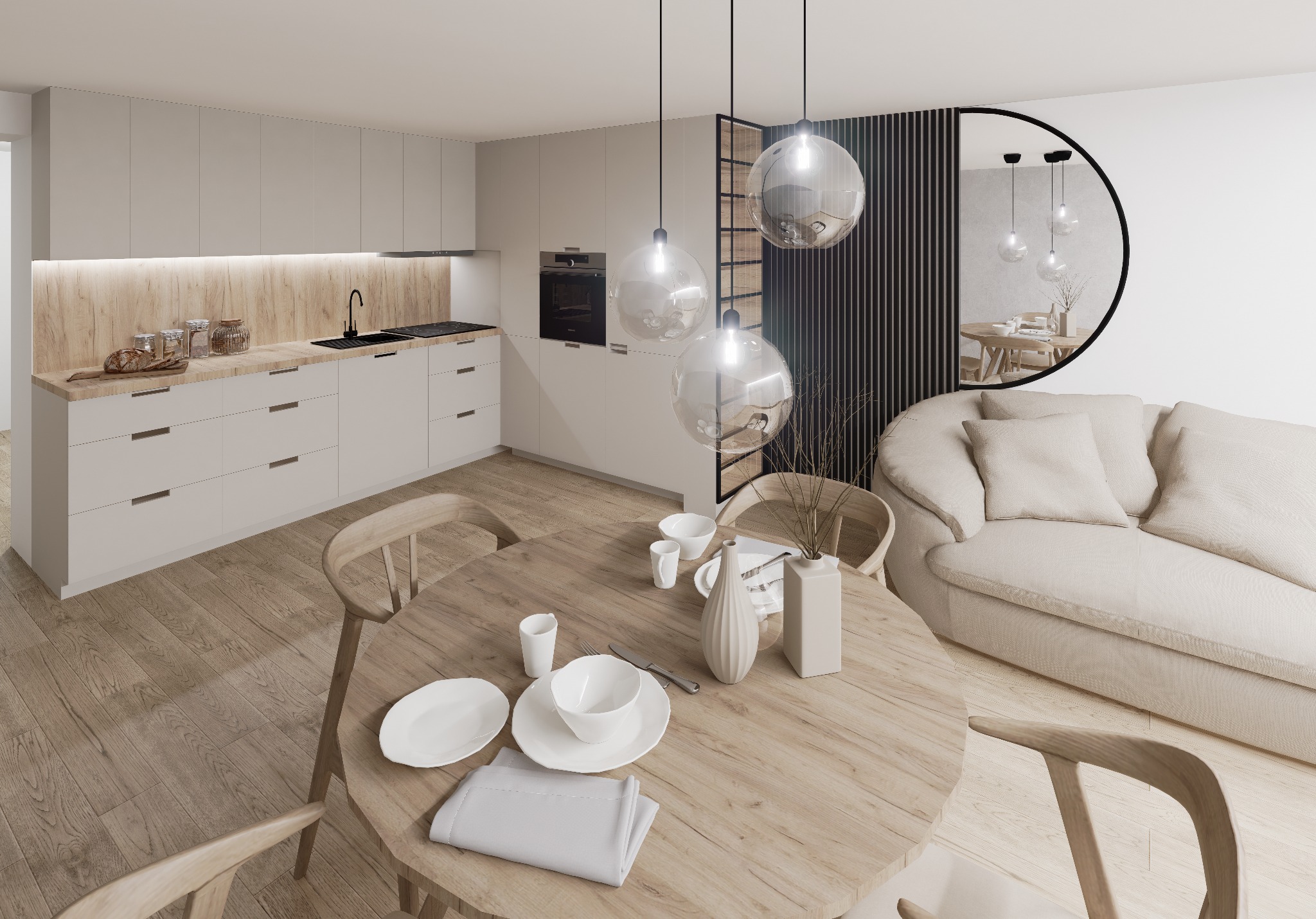 Jasne wnętrze: kuchnia z okrągłym stołem, krzesłami z jasnego drewna i kanapą w tle, oświetlone wiszącymi szklanymi lampami.