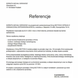 Skan dokumentu referencyjnego z datą 29.06.2023, wystawionego przez SORWITA MICHAŁ SOROKOSZ, zawierającego rekomendację dla firmy SECTION 5 Sp&oacute;łka z Ograniczoną Odpowiedzialnością, z informacjami...