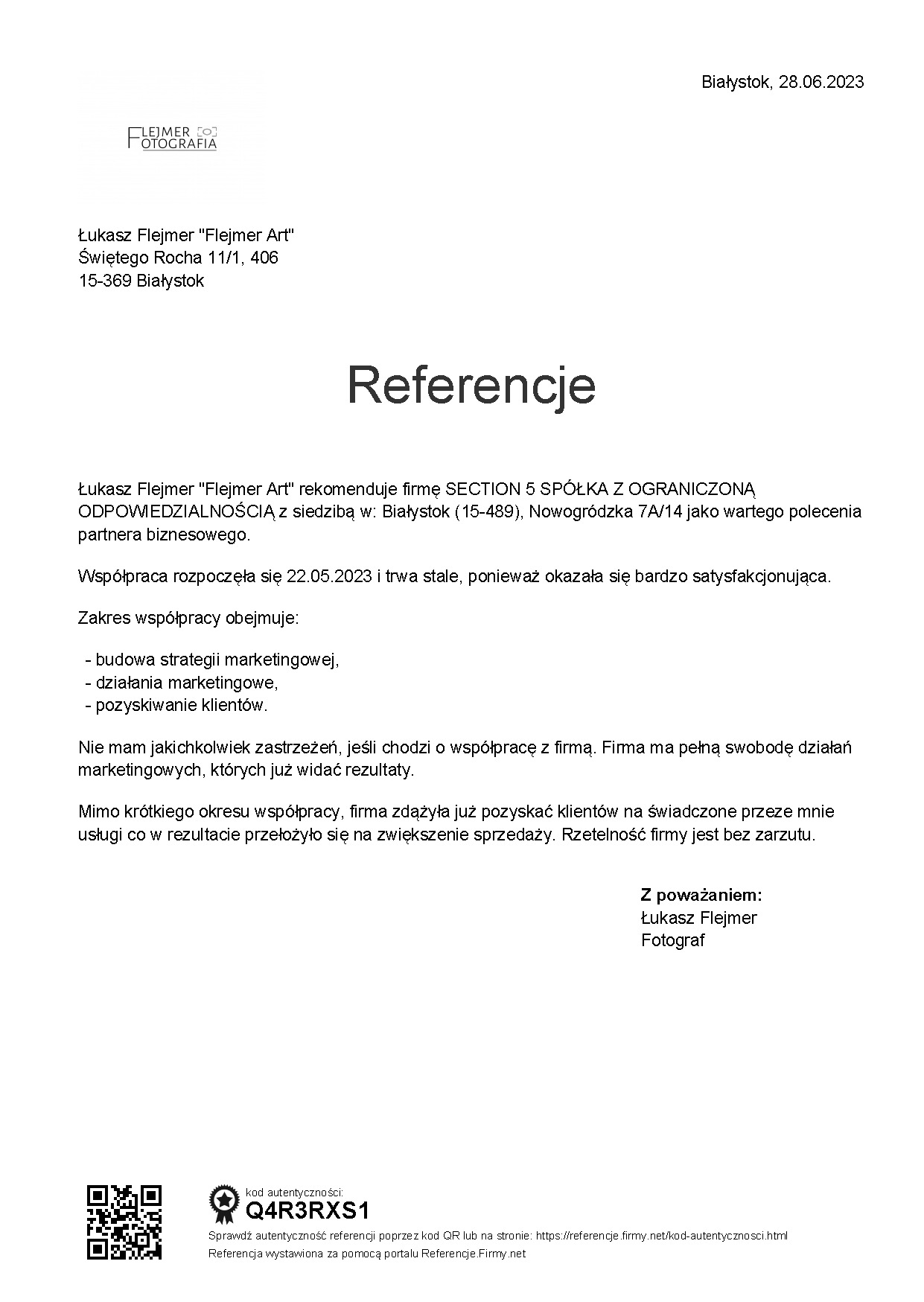 Skan referencji od fotografa Łukasza Flejmera dla firmy SECTION 5, potwierdzający satysfakcjonującą współpracę w zakresie strategii i działań marketingowych, z datą 28.06.2023 i kodem autentyczności.