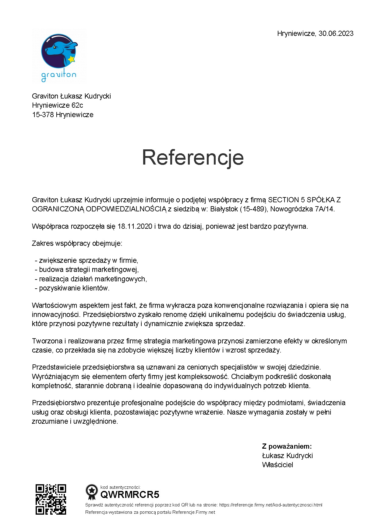 Skan dokumentu referencyjnego od firmy Graviton Łukasz Kudrycki, potwierdzającego pozytywną współpracę z firmą SECTION 5 SPÓŁKA Z OGRANICZONĄ ODPOWIEDZIALNOŚCIĄ, z datą wystawienia 30.06.2023...