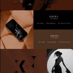 Izabela Iwanska - Kolaż prezentujący identyfikację wizualną marki Khora Studio, obejmujący logo na różnych tłach, w tym na ekranie smartfona leżącego na skórzanym fotelu, oraz wkomponowane w sylwetkę kobiety...