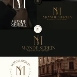Kolaż z wariantami logo 'Monde Serein' dla branży fashion & jewelry. Widoczne różne wersje znaku firmowego na ciemnym i jasnym tle, w tym w otoczeniu zdjęcia modelki i budynku.