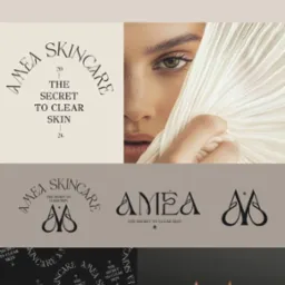 Kompilacja elementów identyfikacji wizualnej marki kosmetycznej: logo, typografia, paleta barw, zdjęcie modelki z akcentem na skórę. Elegancki i minimalistyczny design.