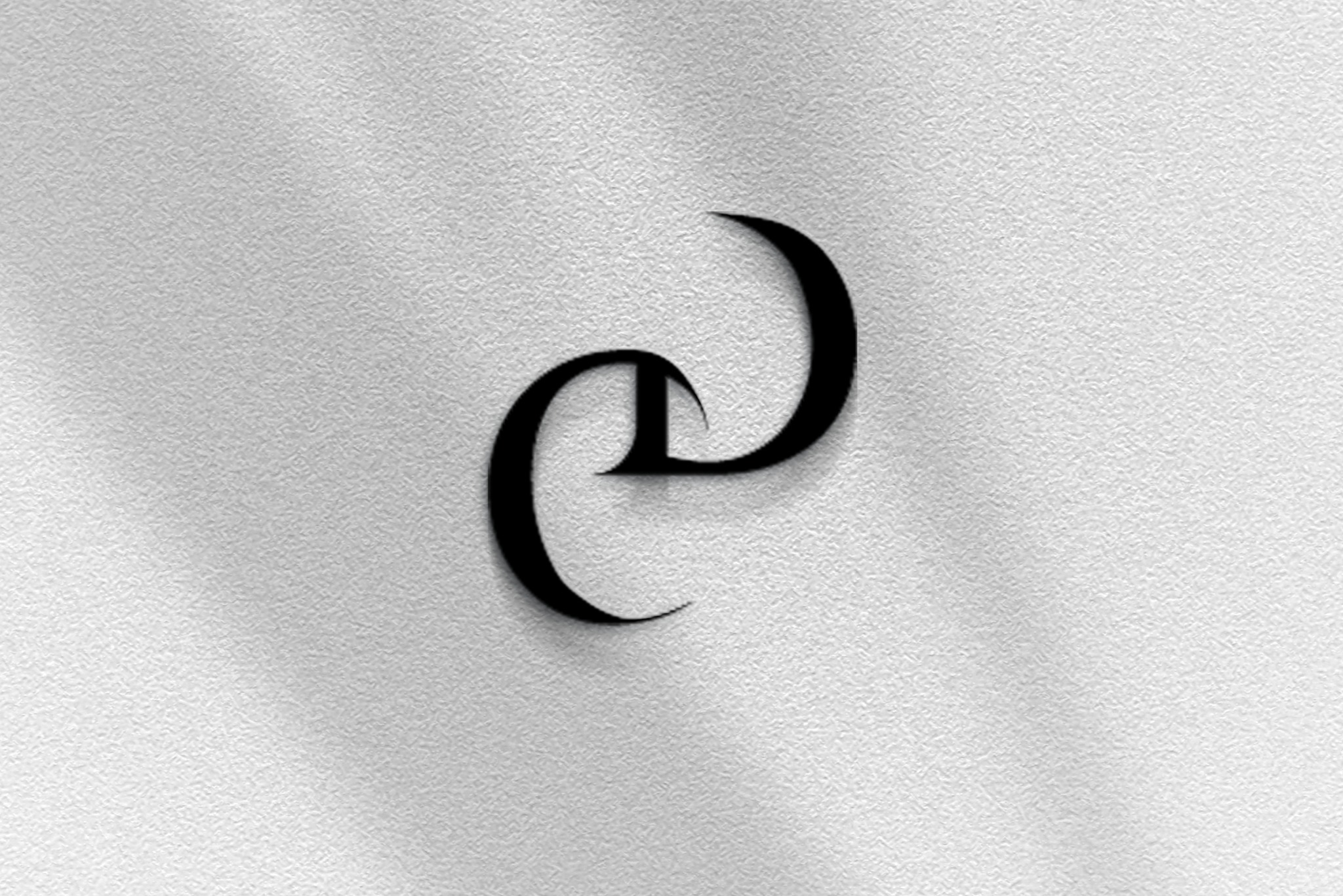 Eleganckie, minimalistyczne logo z czarnych, zakrzywionych linii na teksturowanym, białym tle z subtelnymi cieniami.