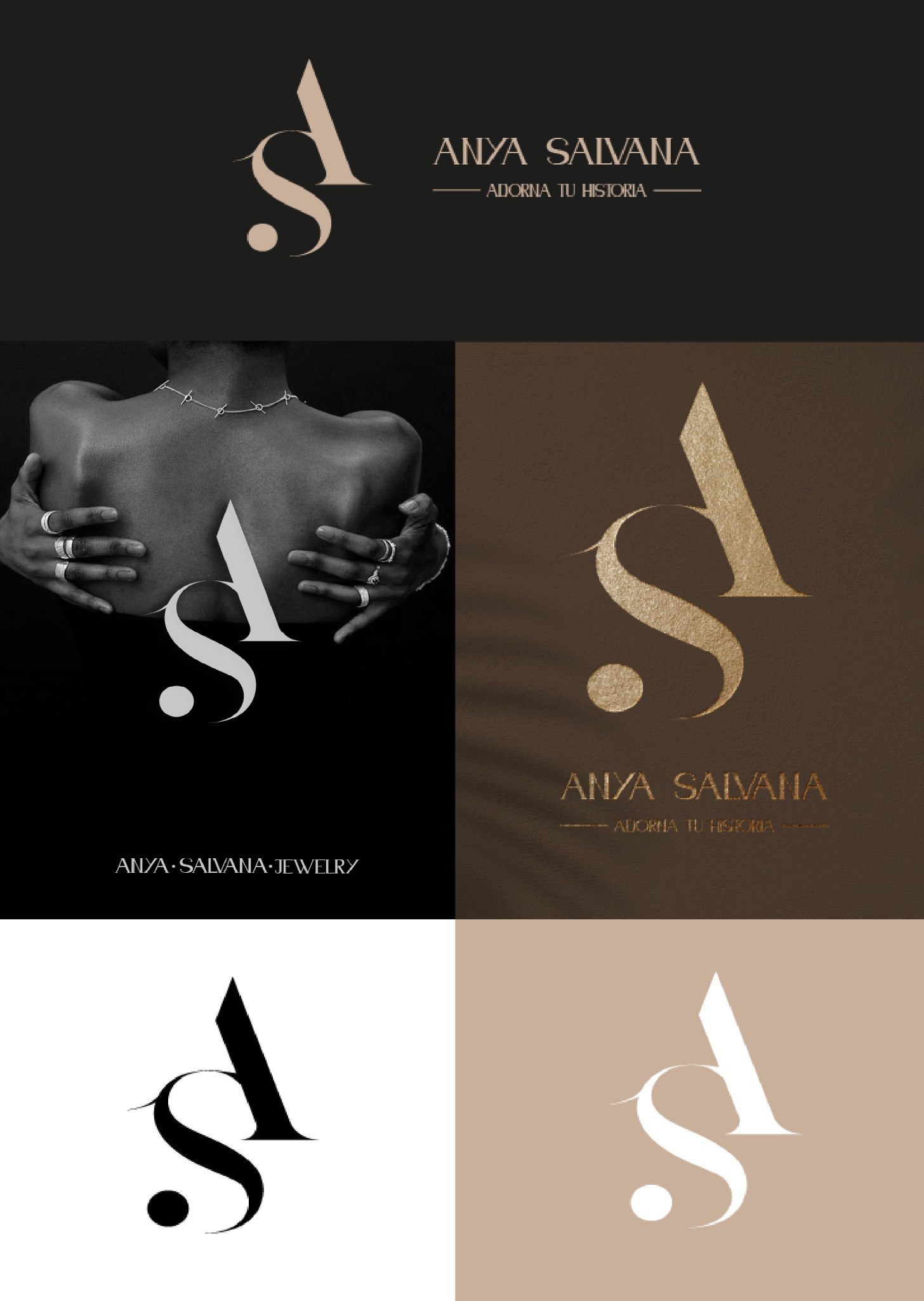 Kompozycja graficzna prezentująca logo marki biżuterii Anya Salvana w różnych wariantach kolorystycznych i kontekstach, w tym czarno-białe zdjęcie pleców modelki z biżuterią oraz zbliżenia logo...