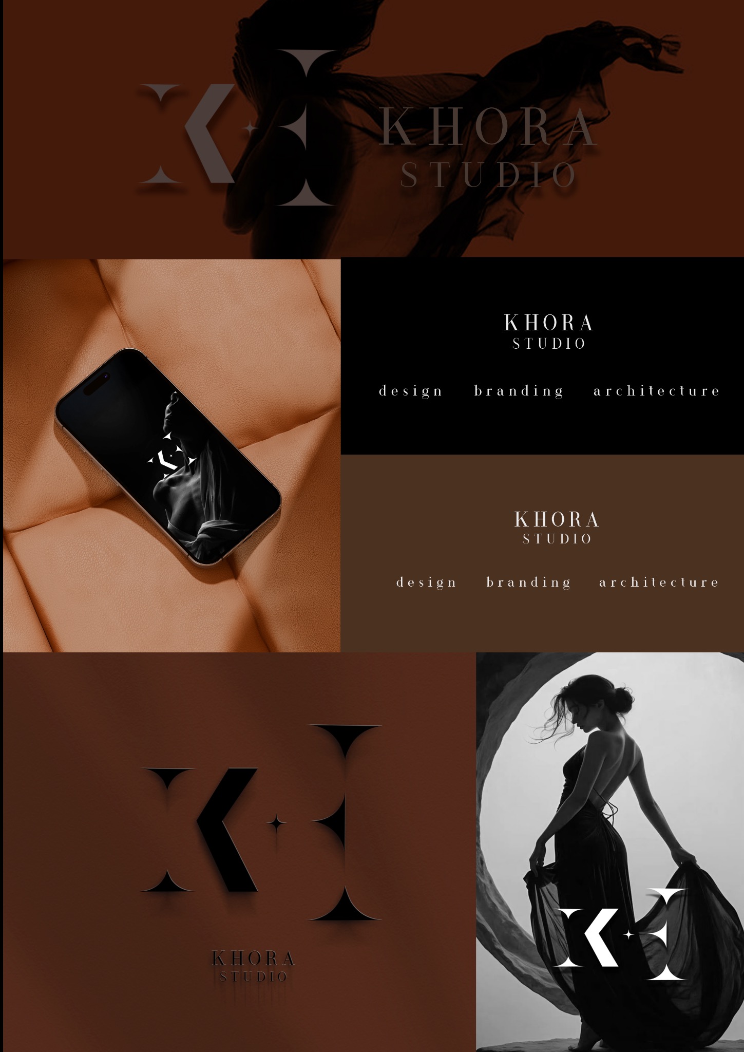 Kolaż prezentujący identyfikację wizualną marki Khora Studio, obejmujący logo na różnych tłach, w tym na ekranie smartfona leżącego na skórzanym fotelu, oraz wkomponowane w sylwetkę kobiety...