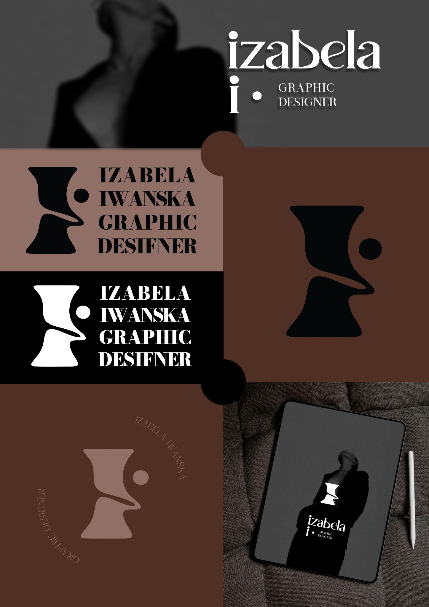 Kompozycja prezentująca identyfikację wizualną marki Izabela Iwanska Graphic Designer, z różnymi wariantami logo i typografii na brązowym tle, oraz mockup logo na tablecie z sylwetką modelki w tle,...