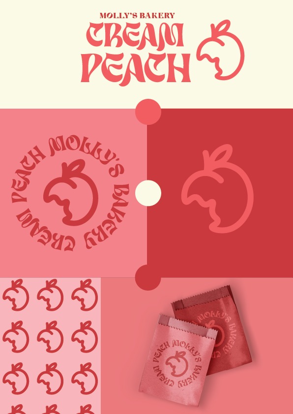 Identyfikacja wizualna marki Molly's Bakery: logo Cream Peach, wzór z owocami i opakowania w odcieniach czerwieni i kremu.