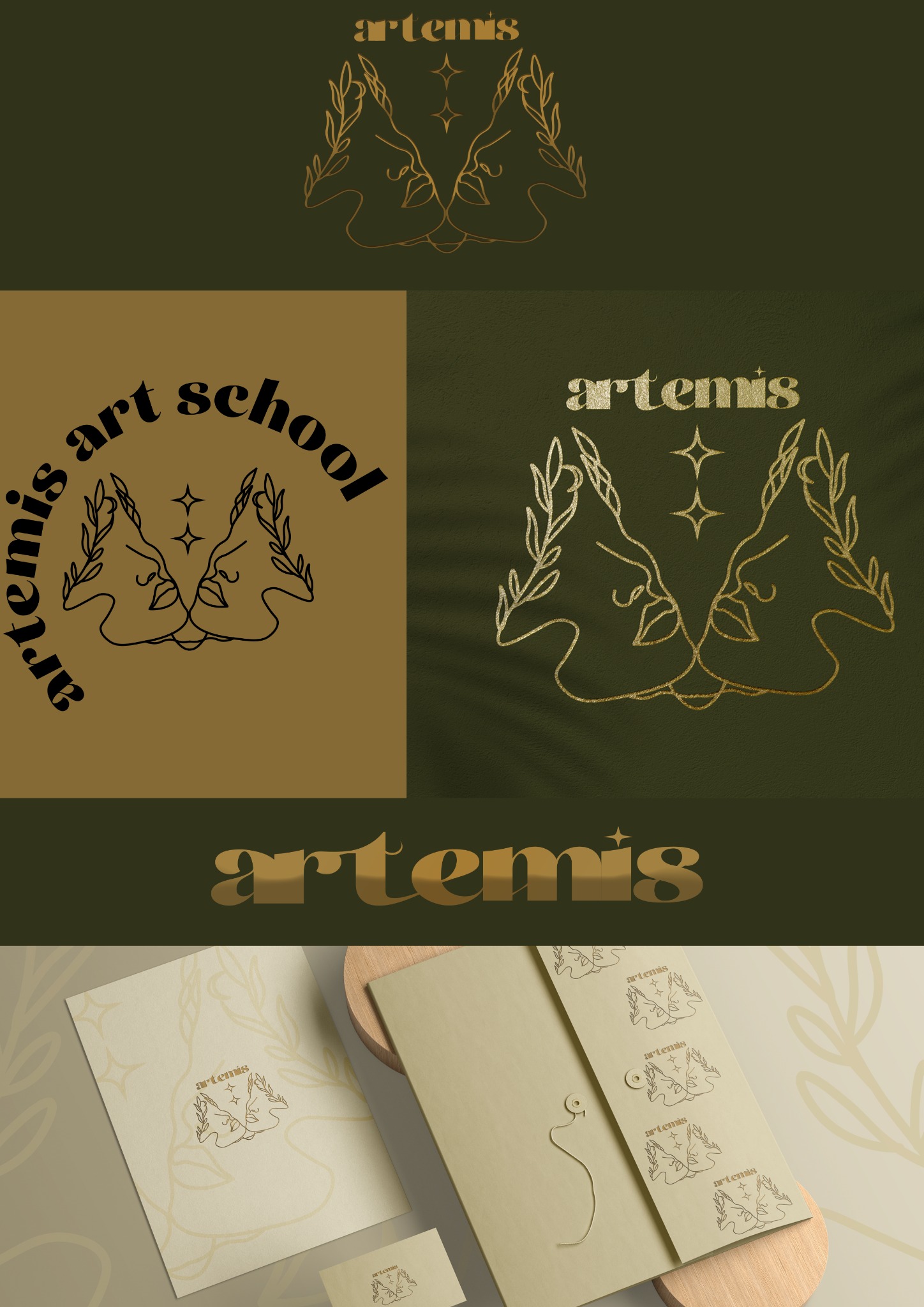 Prezentacja identyfikacji wizualnej marki Artemis: logo z motywem twarzy i gałązek, nazwa w złotym kolorze, wizytówka, papier firmowy i teczka na drewnianym podeście.