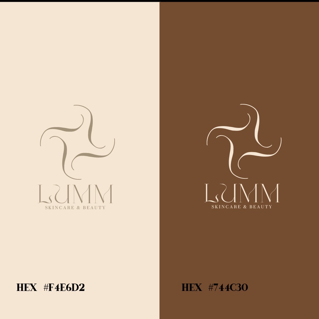 Eleganckie logo 'LUMM Skincare & Beauty' zaprezentowane w dwóch wariantach kolorystycznych: beżowym i brązowym, z podanymi kodami HEX kolorów.