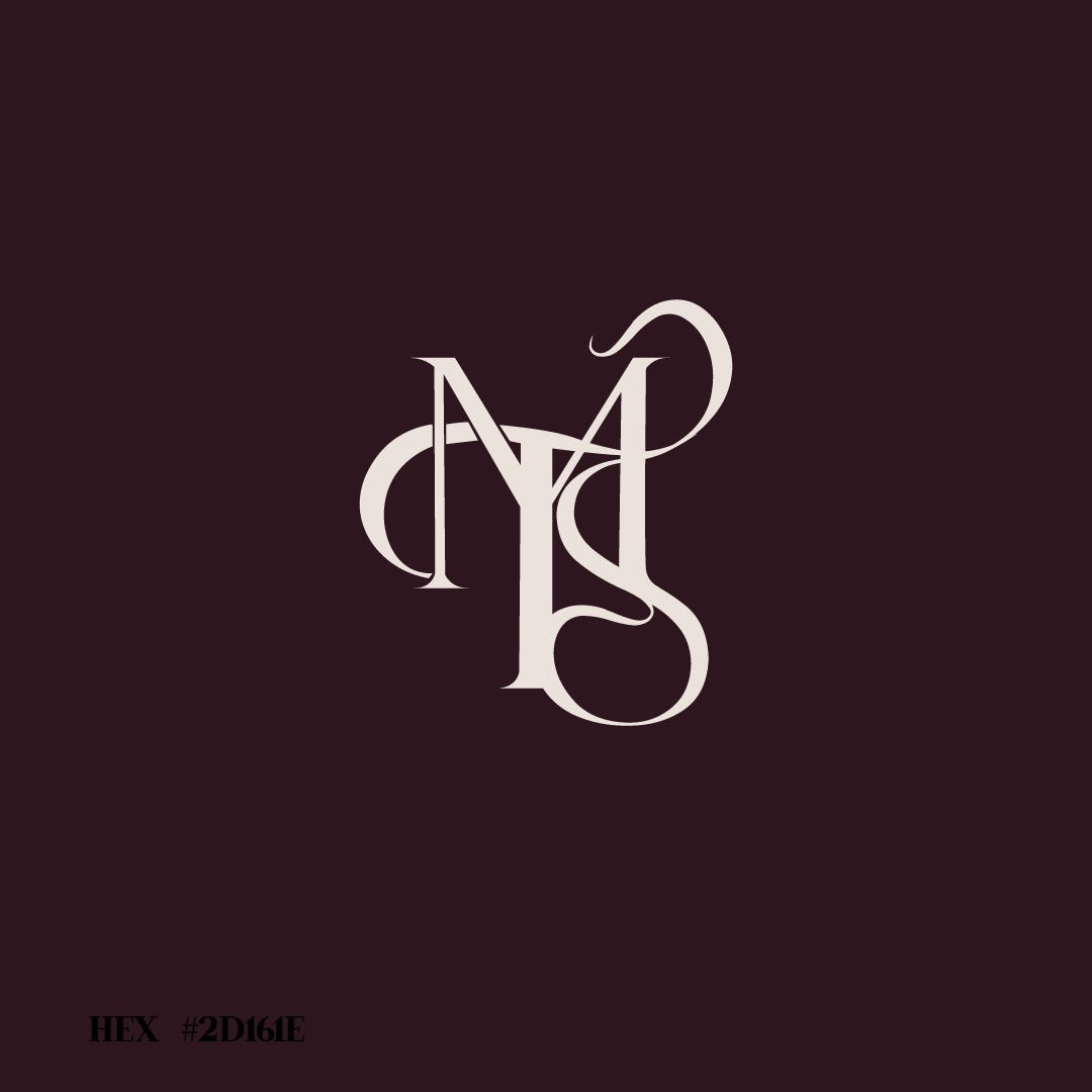 Eleganckie logo z splecionych liter 'N', 'T' i 'S' w kremowym kolorze na ciemnobordowym tle.