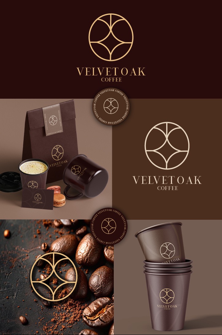 Zestawienie elementów identyfikacji wizualnej marki kawy Velvetoak: logo, opakowanie, kubek, wizytówka i ziarna kawy na ciemnym tle.