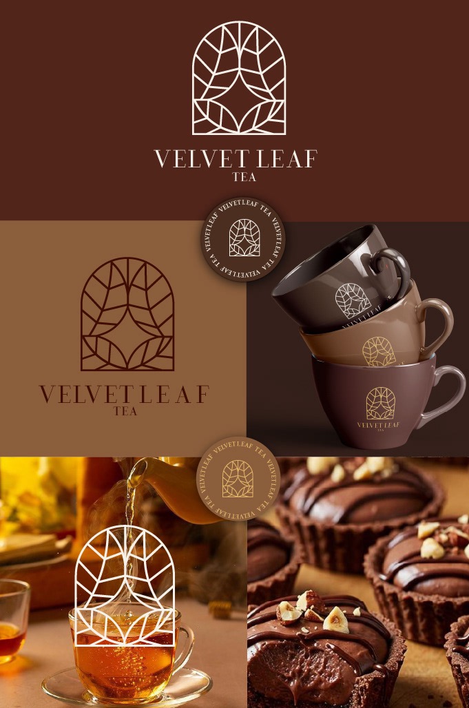 Kompilacja wizualizacji identyfikacji marki Velvet Leaf Tea: logo z motywem liścia, filiżanki z nadrukowanym logo w odcieniach brązu oraz nalewanie herbaty i zbliżenie na czekoladowe babeczki.