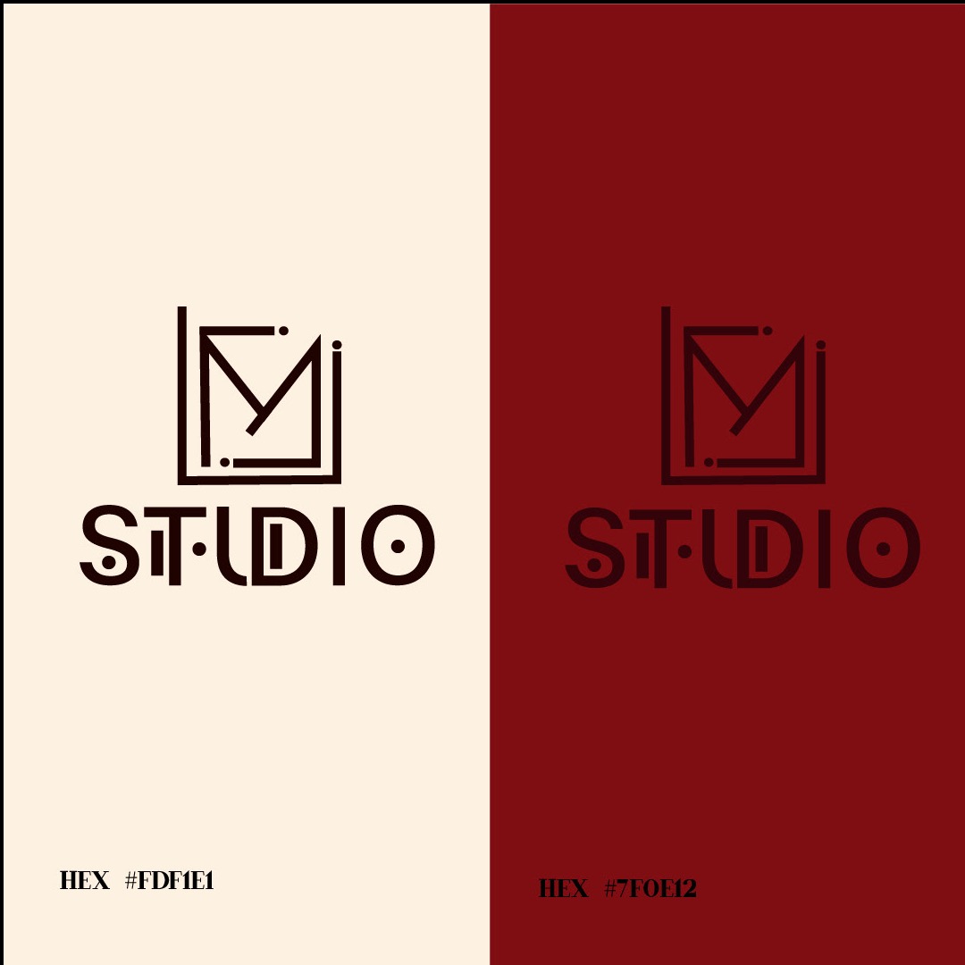 Logo 'M Studio' w dwóch wariantach kolorystycznych: beżowym i bordowym, z podanymi kodami HEX kolorów.