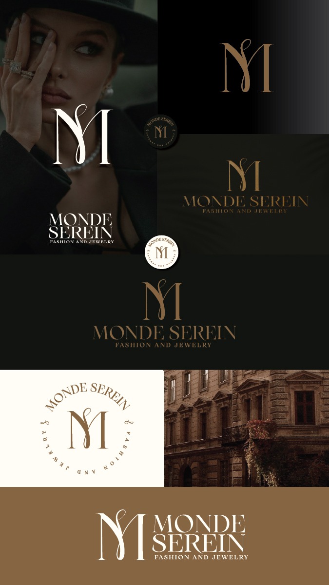 Kolaż z wariantami logo 'Monde Serein' dla branży fashion & jewelry. Widoczne różne wersje znaku firmowego na ciemnym i jasnym tle, w tym w otoczeniu zdjęcia modelki i budynku.