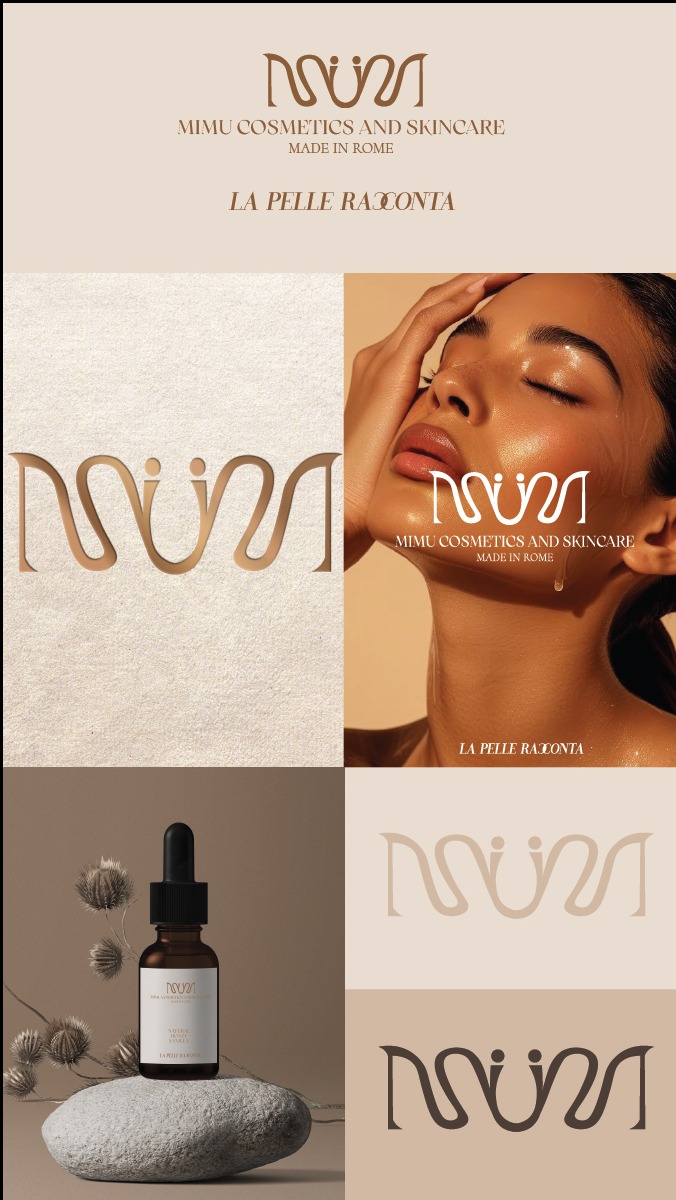 Elegancki kolaż prezentujący logo i identyfikację wizualną marki kosmetycznej Mimu Cosmetics, z wizerunkiem modelki i produktu na neutralnym tle.