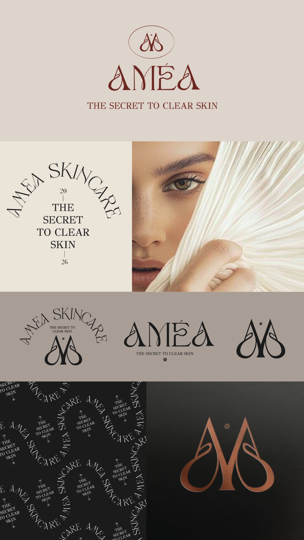 Kompilacja elementów identyfikacji wizualnej marki kosmetycznej: logo, typografia, paleta barw, zdjęcie modelki z akcentem na skórę. Elegancki i minimalistyczny design.