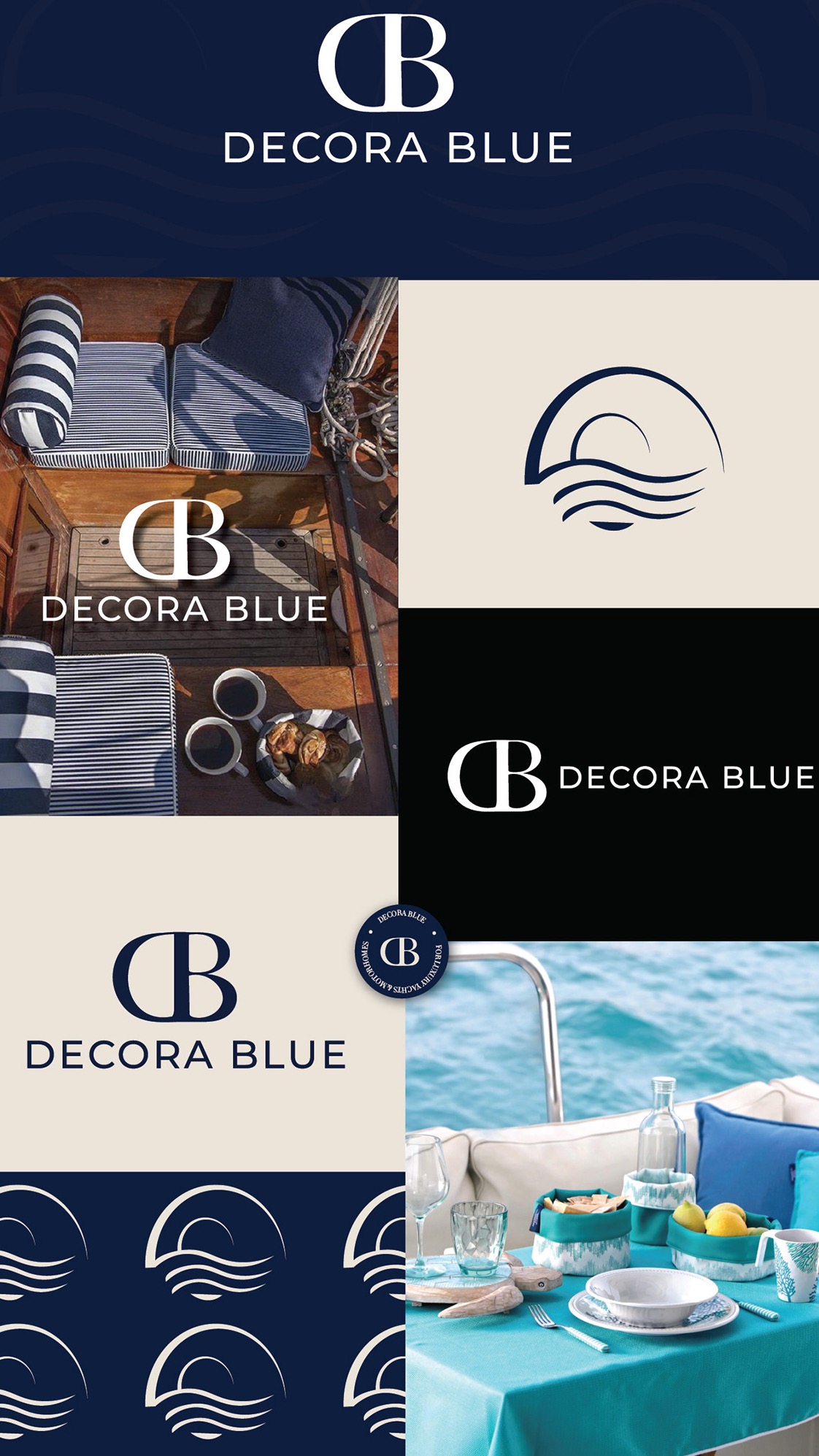 Kolaż prezentujący różne warianty logo 'Decora Blue' w odcieniach bieli i granatu, z motywami morskimi i aranżacjami wnętrz jachtów. Elegancki i spójny branding.