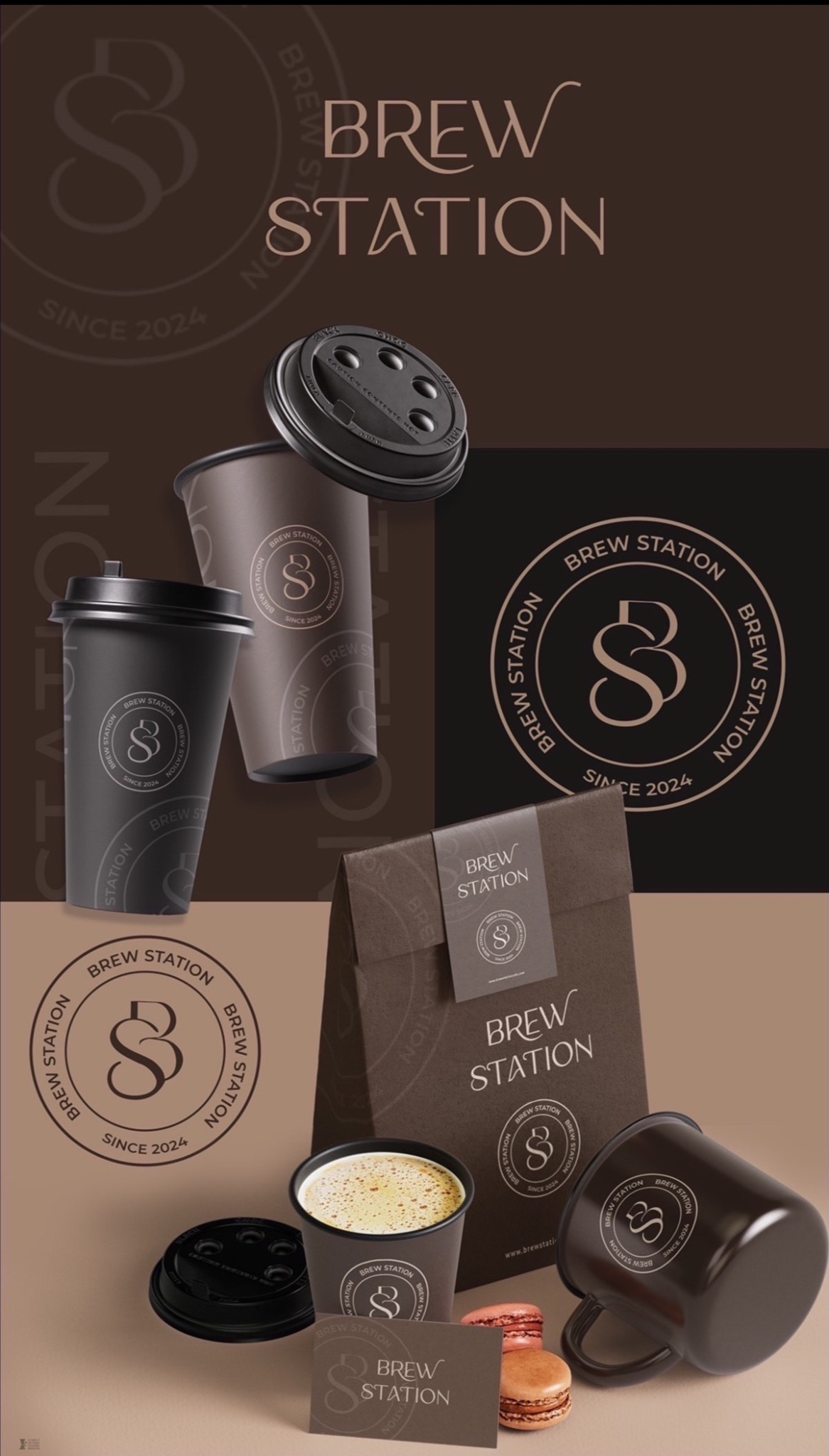 Makieta identyfikacji wizualnej 'Brew Station' z logotypem na kubkach, torbie, wizytówce i filiżance, utrzymana w brązowej tonacji, z akcentami w postaci makaroników.