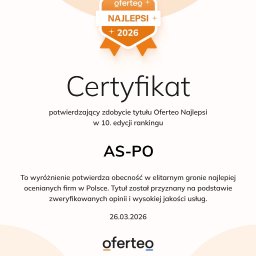 As-po - Certyfikat Oferteo Najlepsi 2026 dla AS-PO, potwierdzający obecność w elitarnym gronie najlepiej ocenianych firm w Polsce na podstawie zweryfikowanych opinii.