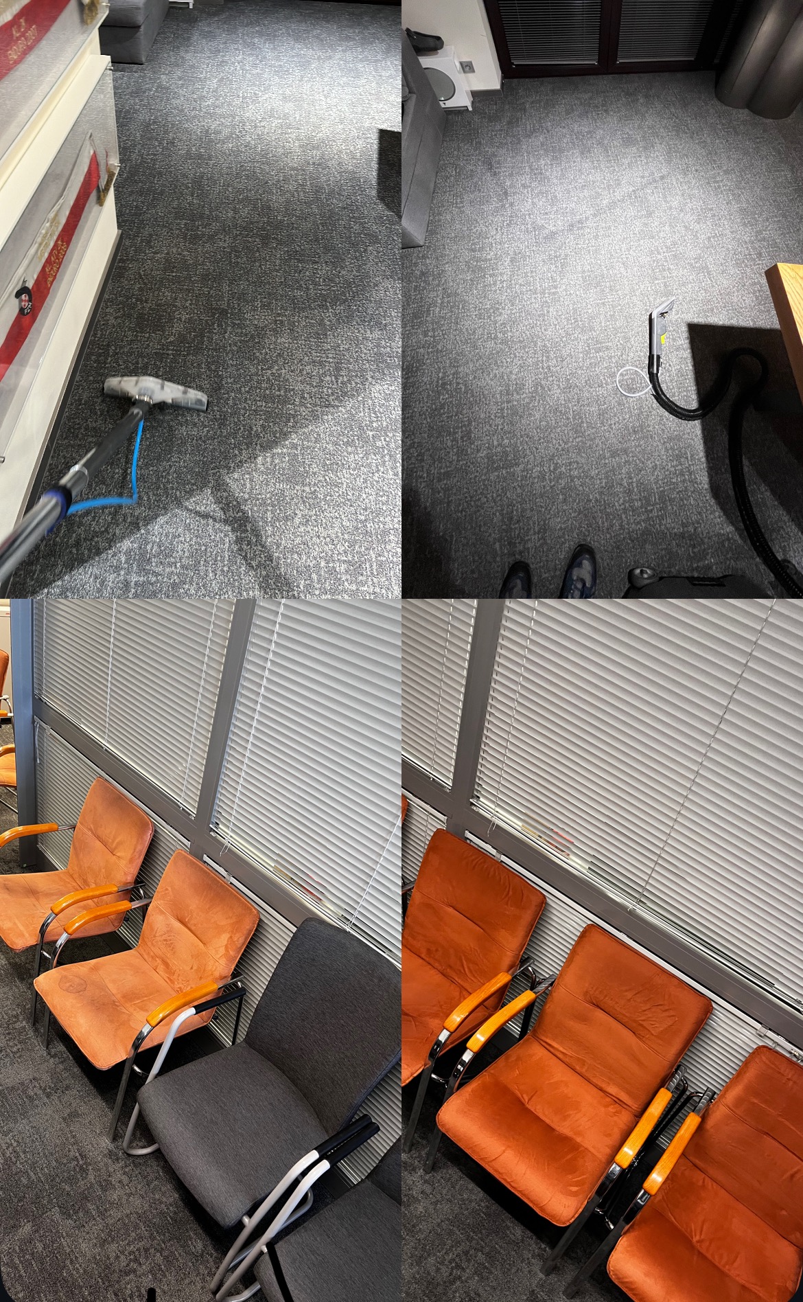 Czyszczenie szarej wykładziny w biurze za pomocą odkurzacza piorącego, widoczne krzesła w kolorze pomarańczowym i szarym.