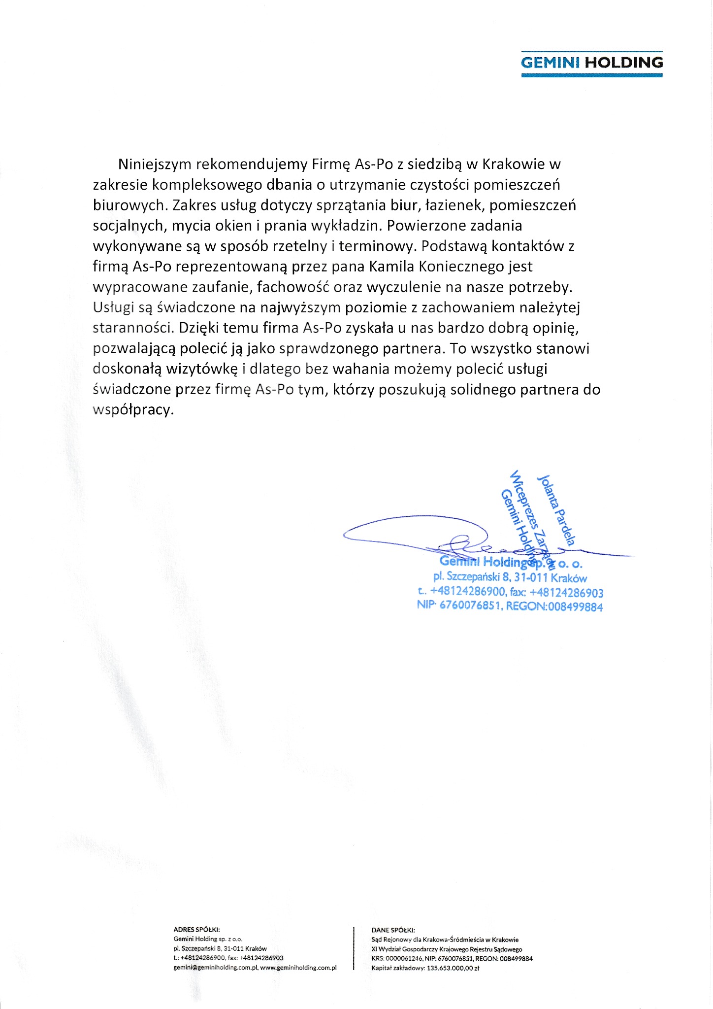 Skan referencji dla firmy sprzątającej As-Po od Gemini Holding, z podpisem wiceprezesa zarządu Jolanty Pardeli, zawierający adres i dane kontaktowe obu firm.