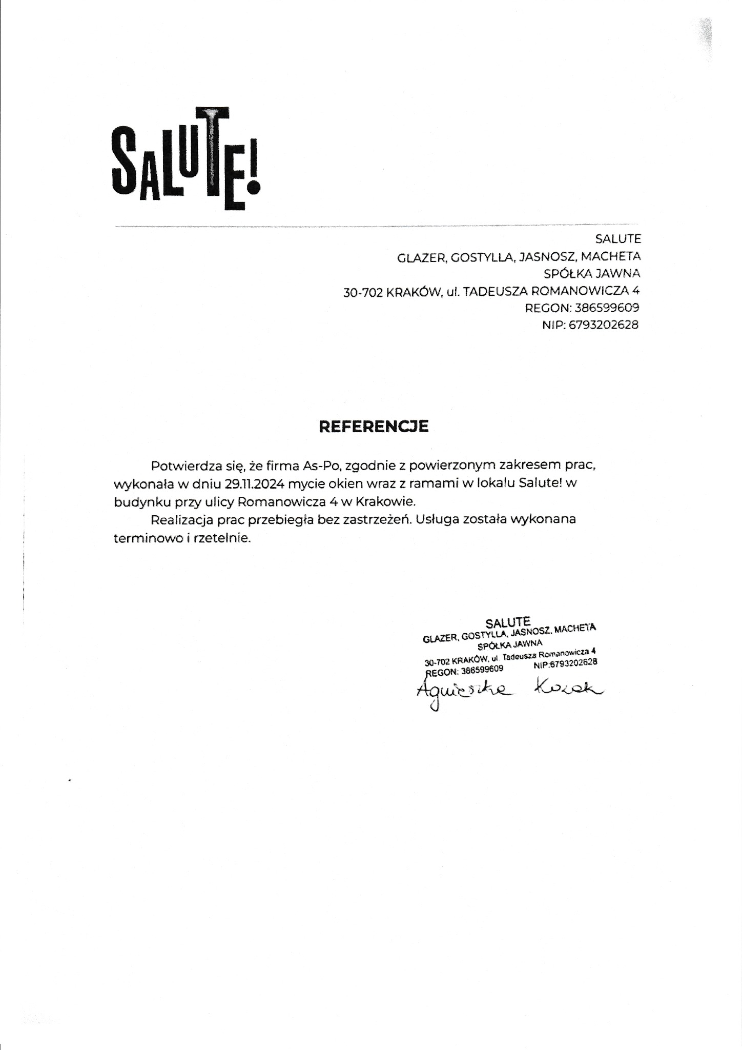 Skan dokumentu referencyjnego firmy Salute, potwierdzającego terminowe i rzetelne wykonanie usługi mycia okien wraz z ramami w lokalu Salute! w Krakowie, podpisany przez Agnieszkę Kozak.