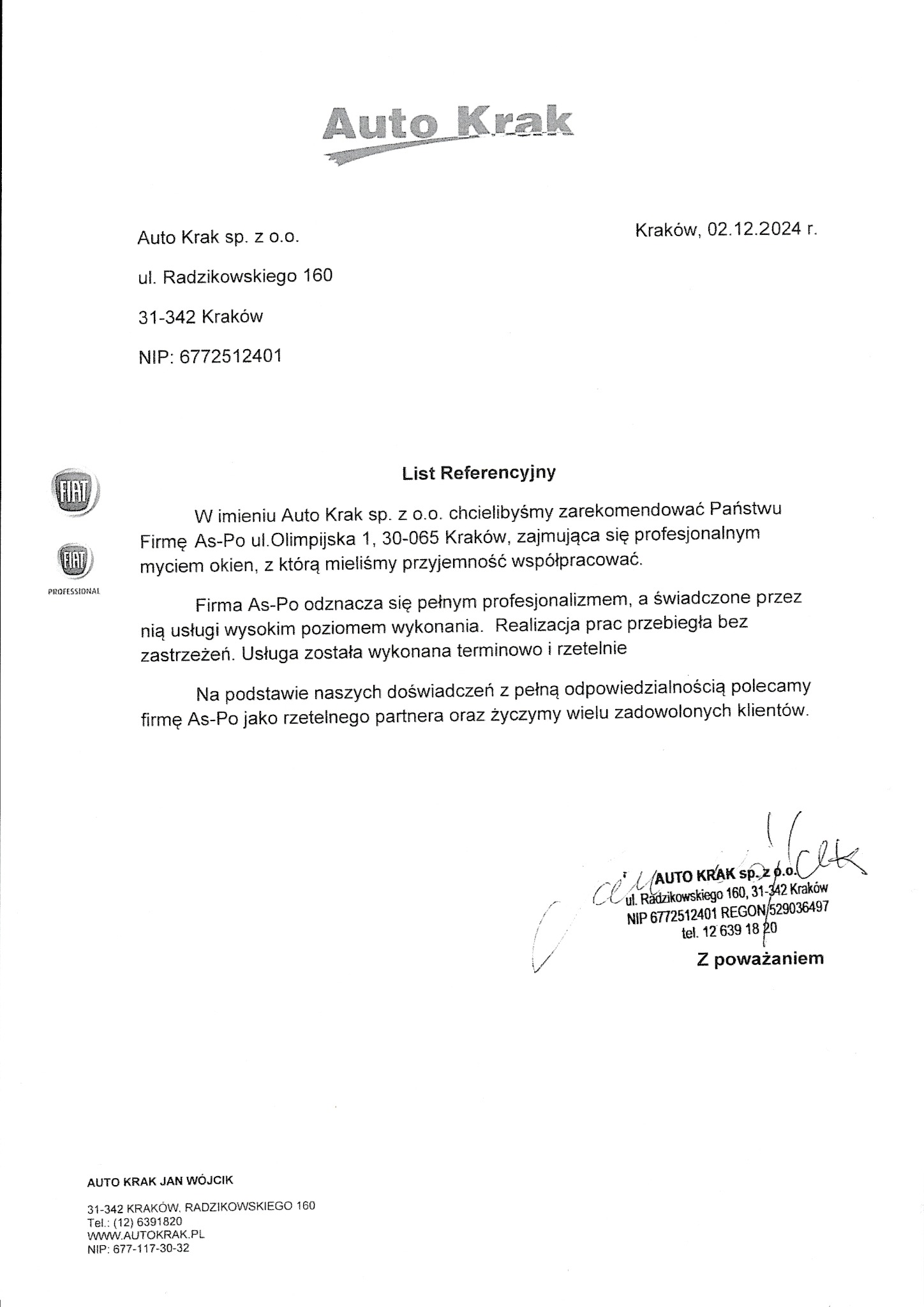 Skan listu referencyjnego od firmy Auto Krak sp. z o.o. polecającego firmę As-Po za profesjonalne mycie okien, z logotypami FIAT w lewym górnym rogu.