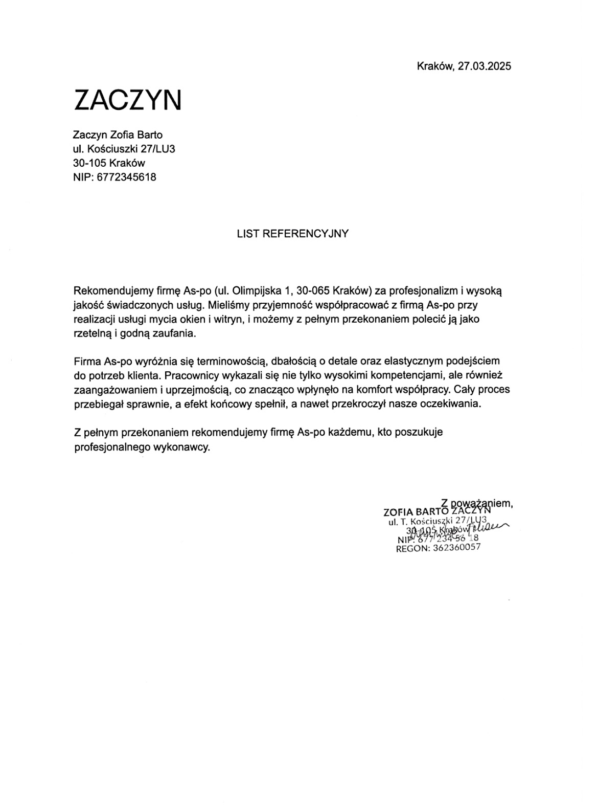 Skan listu referencyjnego dla firmy As-po z Krakowa, świadczącej usługi mycia okien i witryn, wystawiony przez Zofię Barto z firmy Zaczyn, datowany na 27.03.2025.