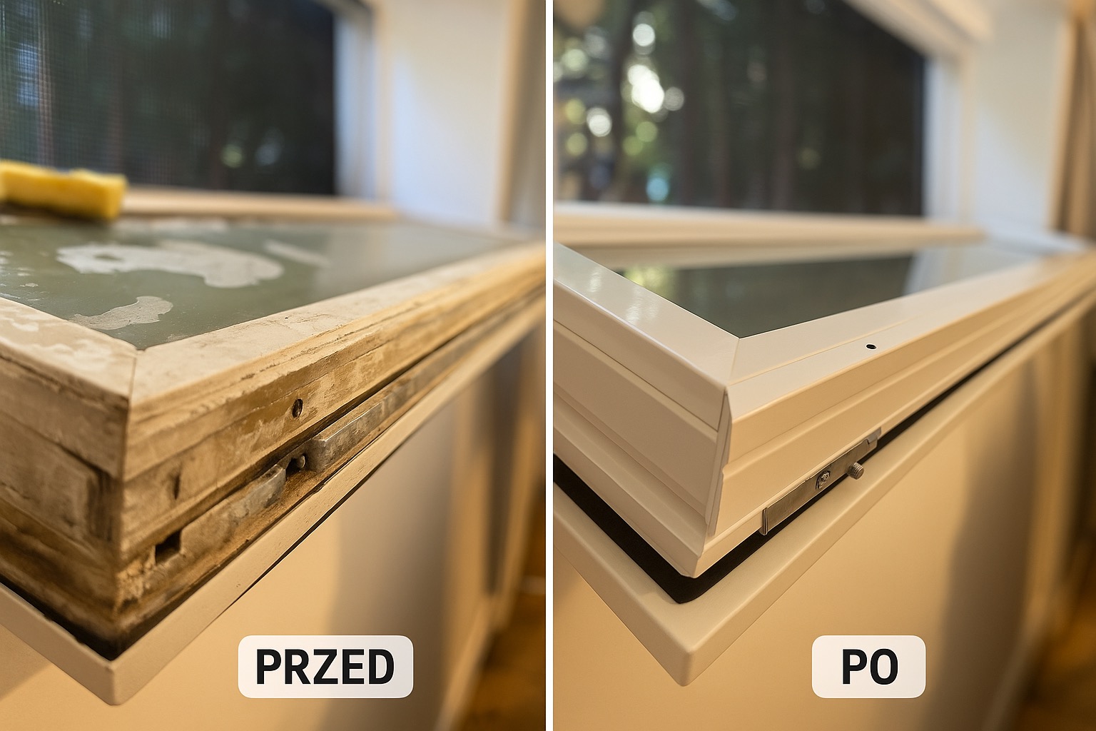 Okno przed i po renowacji: po lewej brudne, z resztkami farby, po prawej czyste, białe, odświeżone. Widoczne okucia okienne.