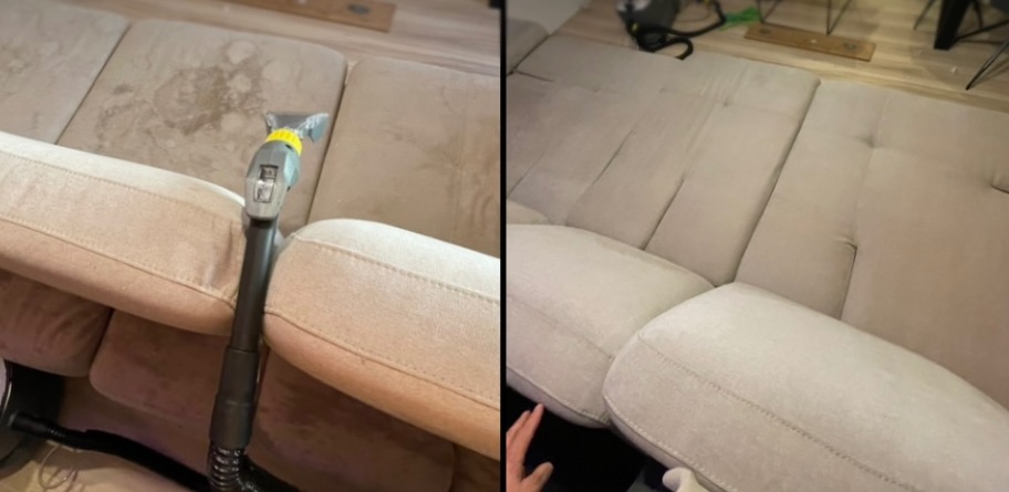 Beżowa kanapa przed i po czyszczeniu. Po lewej widoczne plamy, po prawej czysta powierzchnia. Na lewej części kadru widoczny odkurzacz piorący.