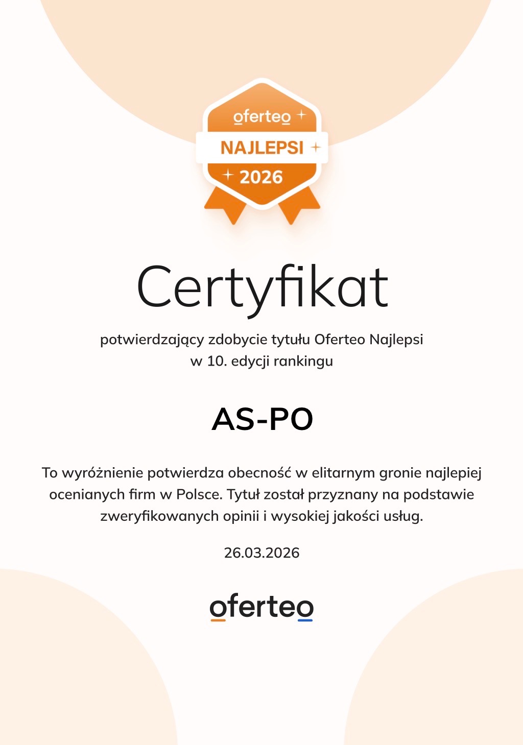 Certyfikat Oferteo Najlepsi 2026 dla AS-PO, potwierdzający obecność w elitarnym gronie najlepiej ocenianych firm w Polsce na podstawie zweryfikowanych opinii.