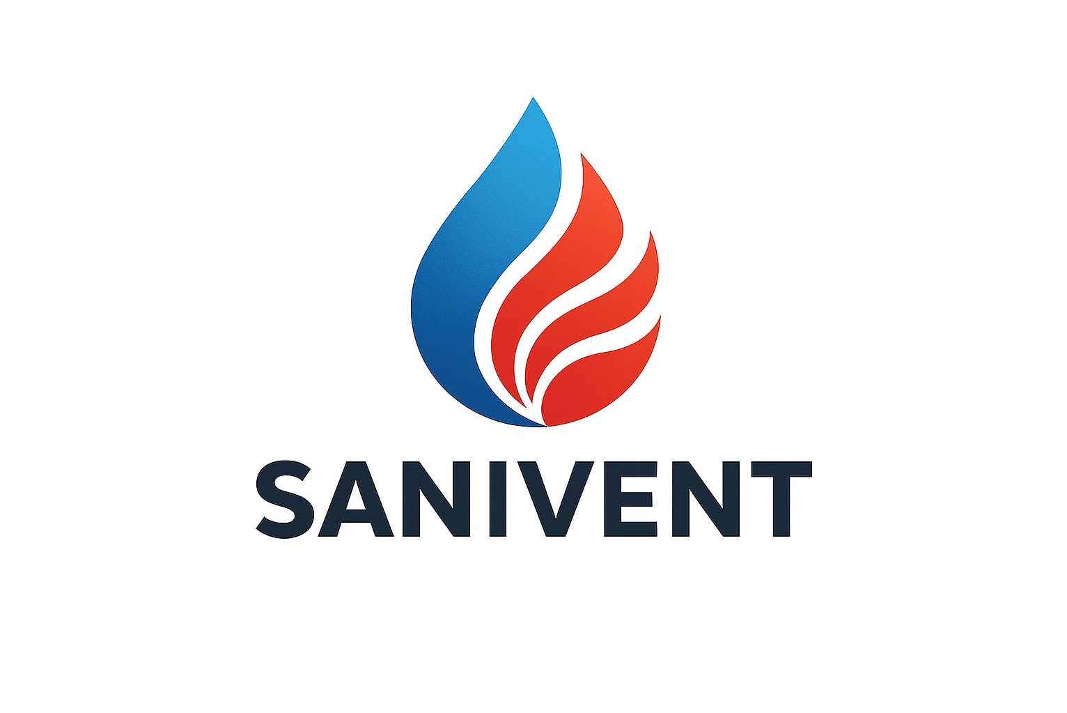 Logo firmy Sanivent: symbolizuje kroplę wody i płomień, nazwa firmy w kolorze granatowym na białym tle. Minimalistyczny design.