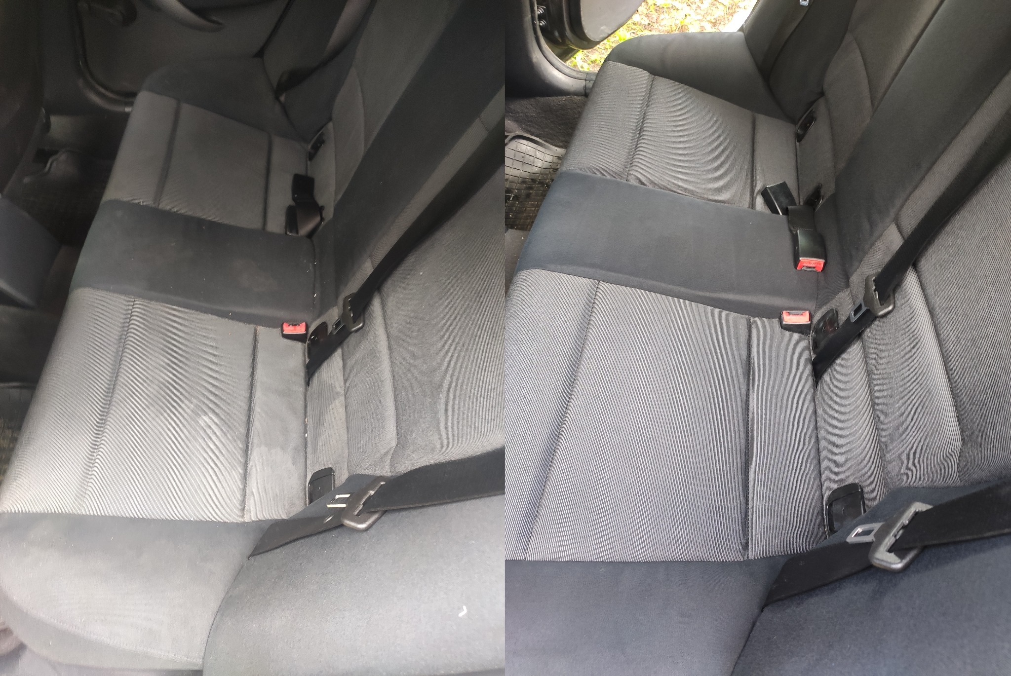 Fotel samochodowy: porównanie stanu przed i po czyszczeniu. Po lewej widoczne zabrudzenia, po prawej czysta tapicerka z pasami. Dbałość o detale.