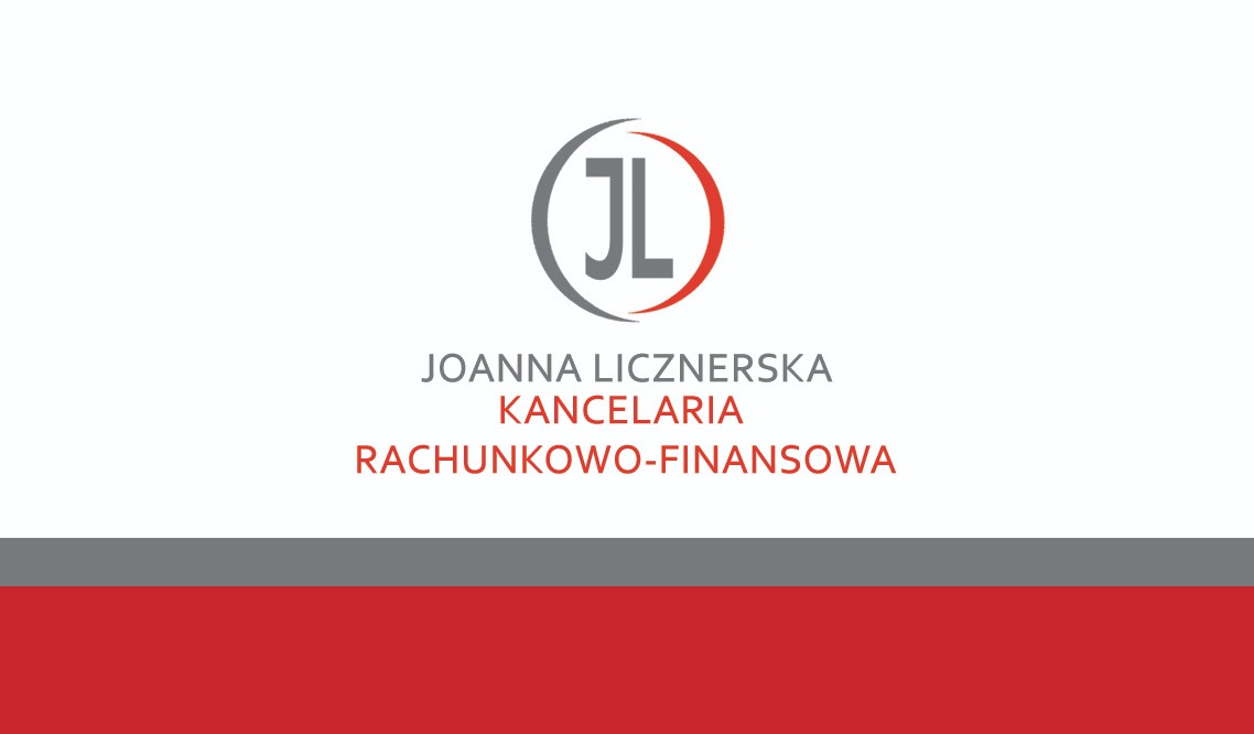 Logo Kancelarii Rachunkowo-Finansowej Joanna Licznerska z inicjałami JL w okręgu na białym tle z czerwono-szarym paskiem na dole.