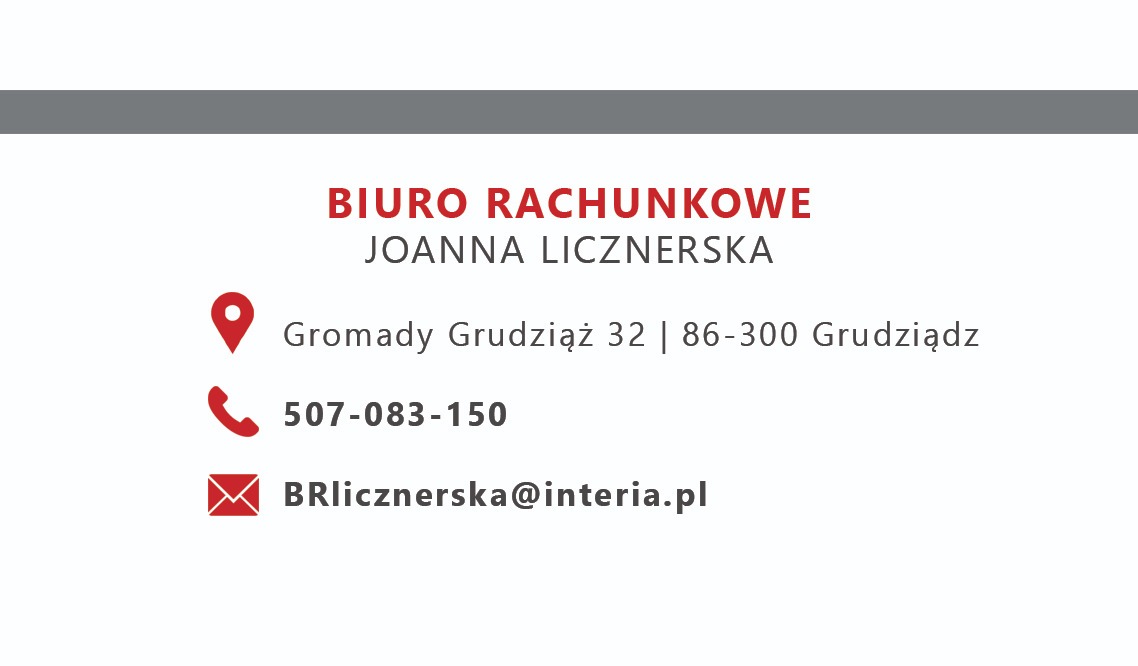 Wizytówka Biura Rachunkowego Joanna Licznerska z adresem, numerem telefonu i adresem e-mail.