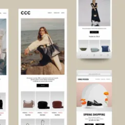 Kompozycja reklamowa sklepu obuwniczego CCC, prezentująca różne modele torebek damskich i męskich, buty Gino Rossi oraz promocje na wiosnę, z uwzględnieniem zniżek i możliwości zwrotu.