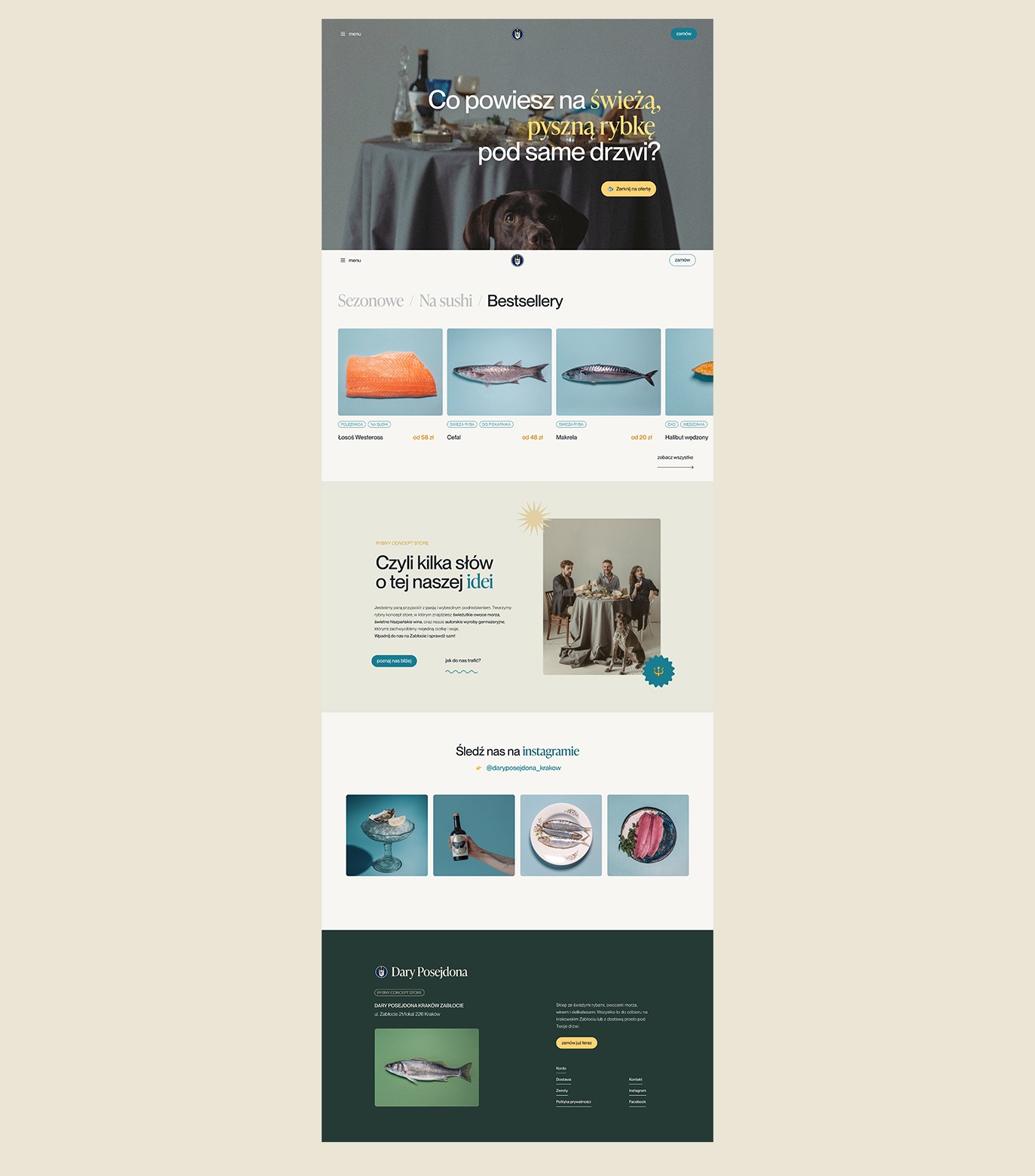 Projekt strony internetowej sklepu z rybami i owocami morza, z sekcjami takimi jak 'Sezonowe / Na sushi / Bestsellery', prezentującymi łososia, cefala i makrelę, oraz zdjęciami potraw i hasłem 'Co...