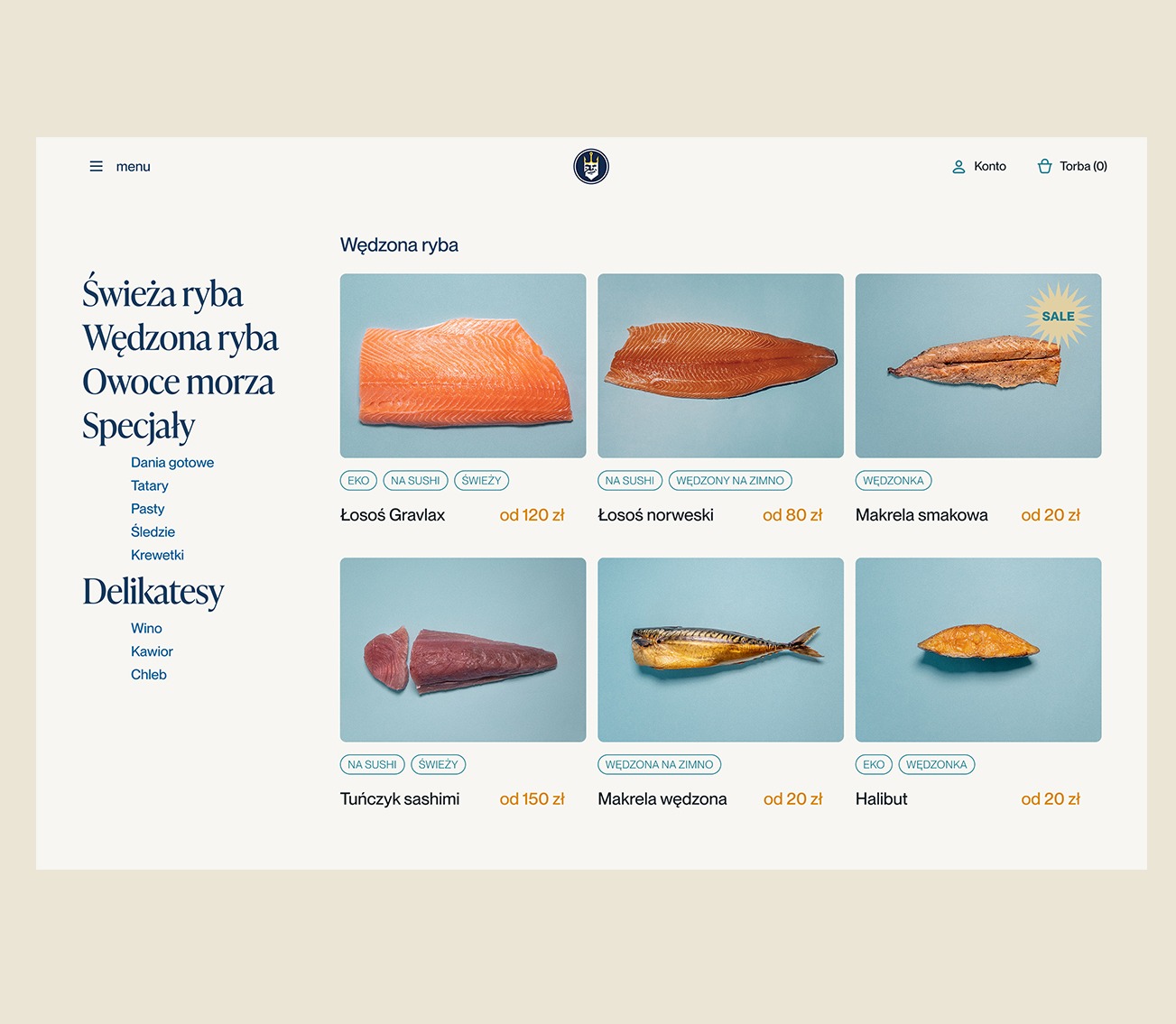 Projekt strony internetowej sklepu z wędzoną rybą w Krakowie, prezentujący asortyment: łosoś gravlax, łosoś norweski, makrela smakowa, tuńczyk sashimi, makrela wędzona i halibut na jasnoniebieskim...