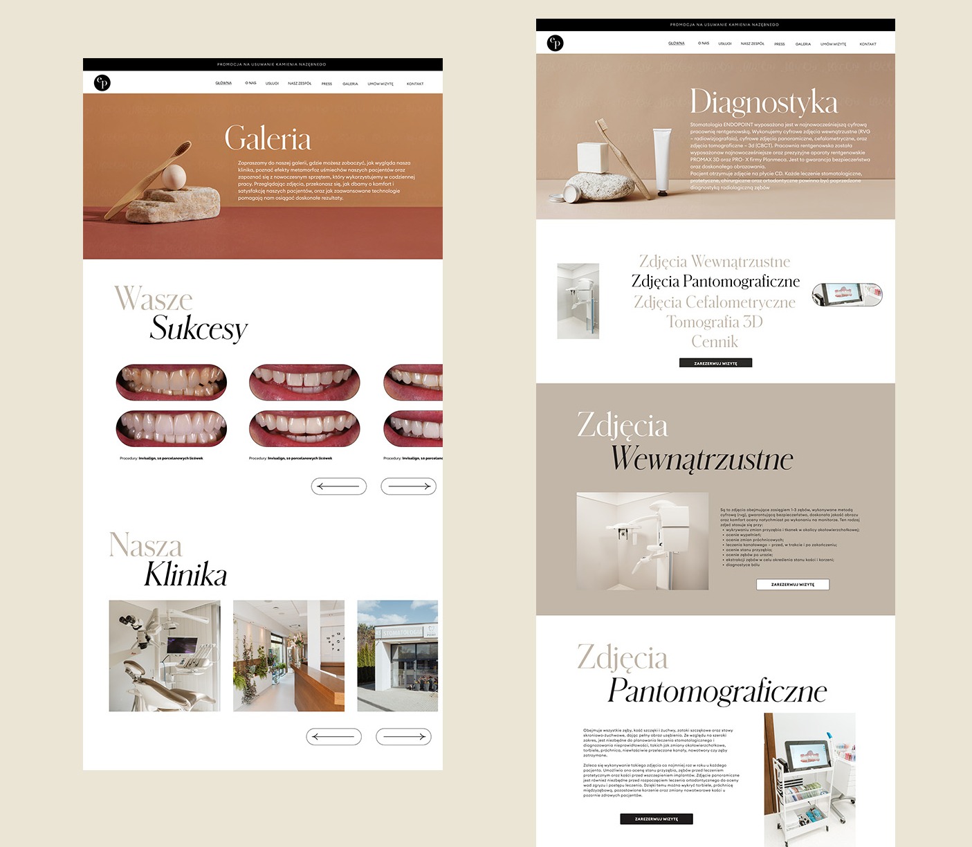 Projekt strony internetowej kliniki dentystycznej z sekcjami prezentującymi galerię zdjęć, metamorfozy uśmiechów pacjentów oraz diagnostykę radiologiczną zębów.