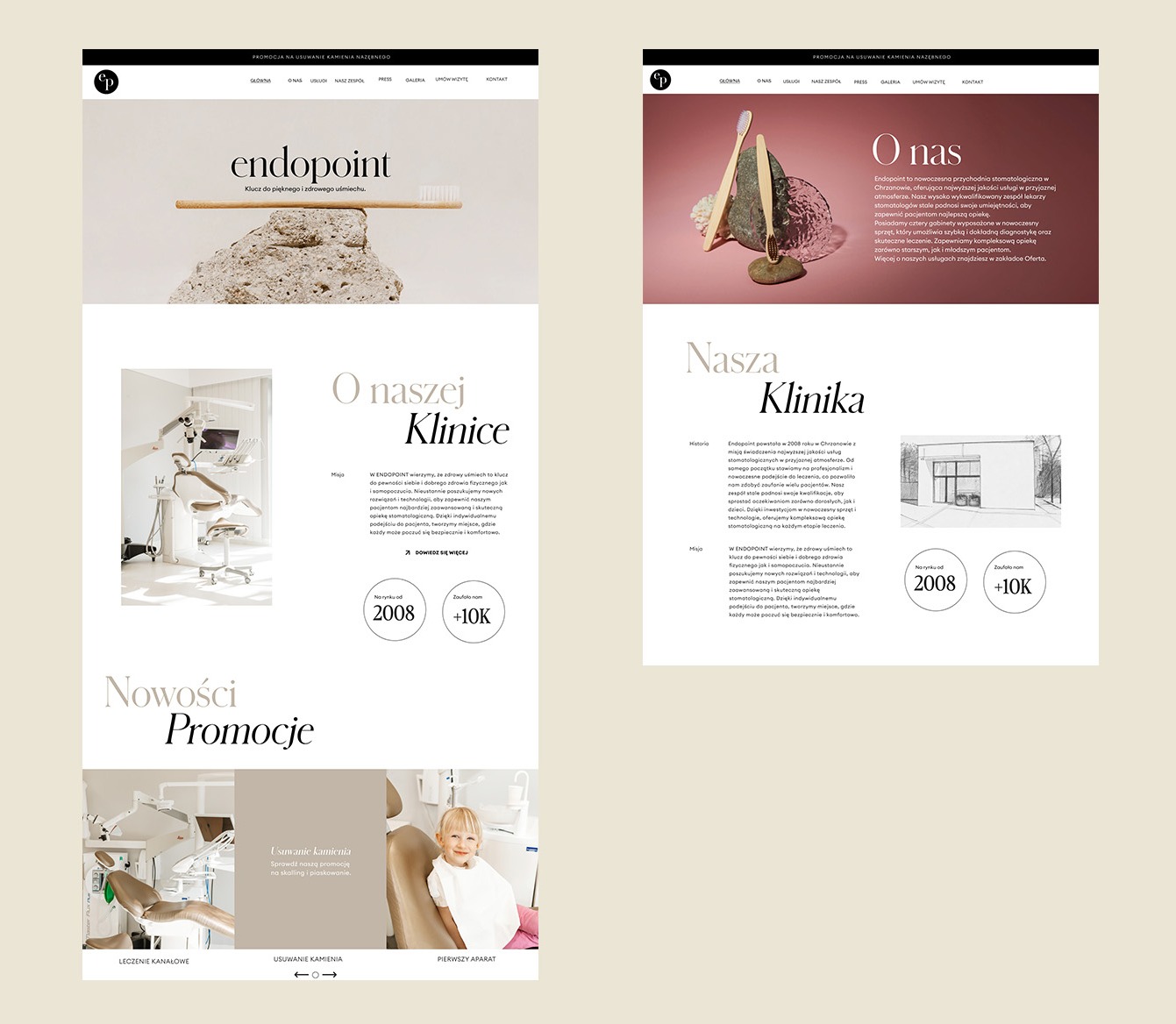 Dwa kadry strony internetowej kliniki stomatologicznej Endpoint, prezentujące logo, opis działalności, zdjęcia wnętrz i informacje o nowościach i promocjach.