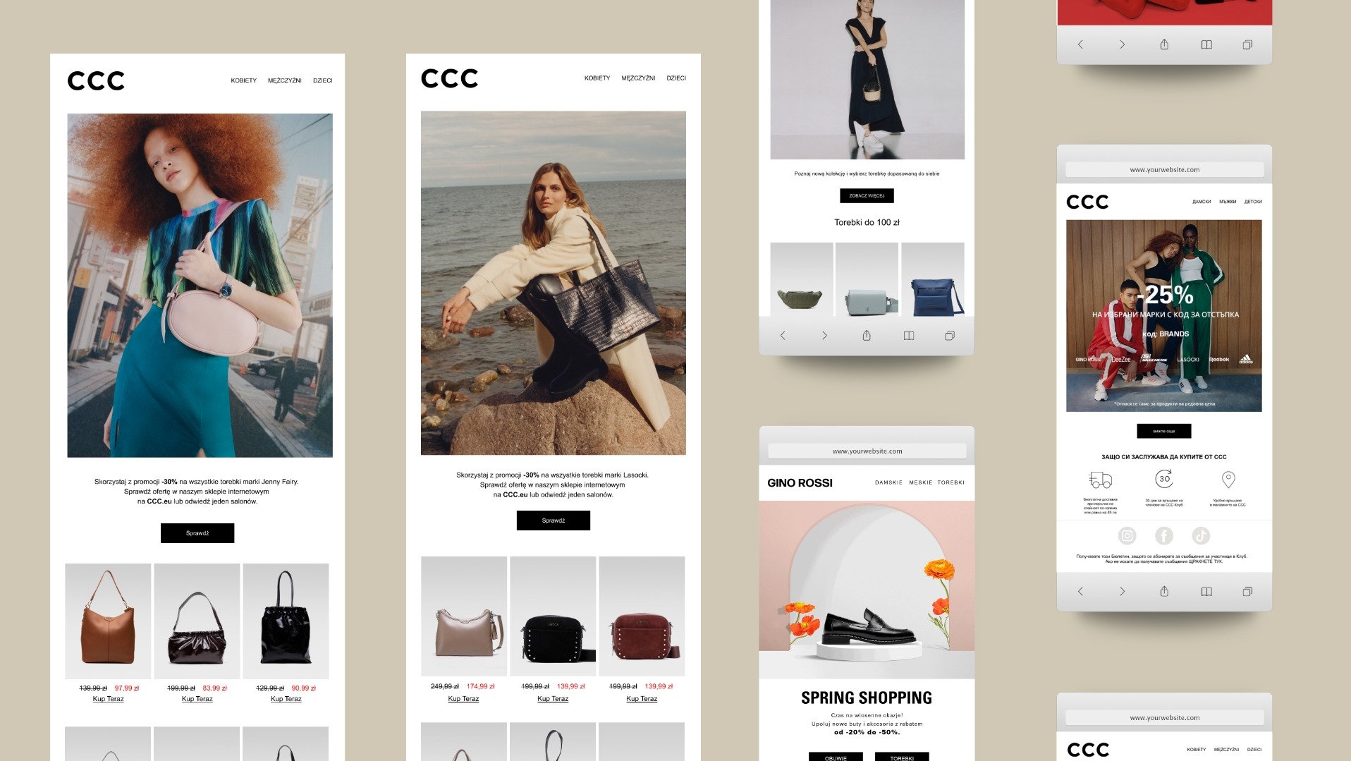 Kompozycja reklamowa sklepu obuwniczego CCC, prezentująca różne modele torebek damskich i męskich, buty Gino Rossi oraz promocje na wiosnę, z uwzględnieniem zniżek i możliwości zwrotu.